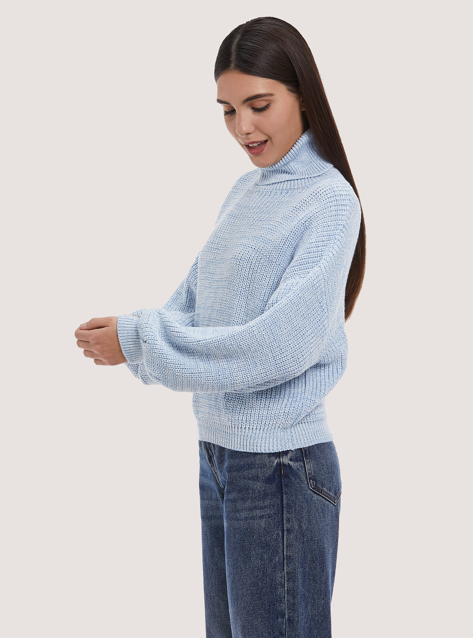High-necked comfort fit English rib pullover, AZURE