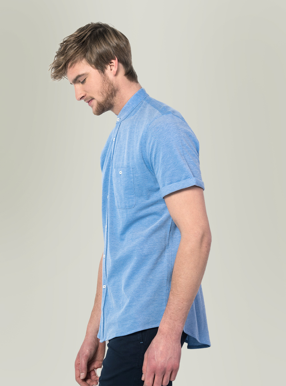 Camicia di piquet con collo coreano, AZURE