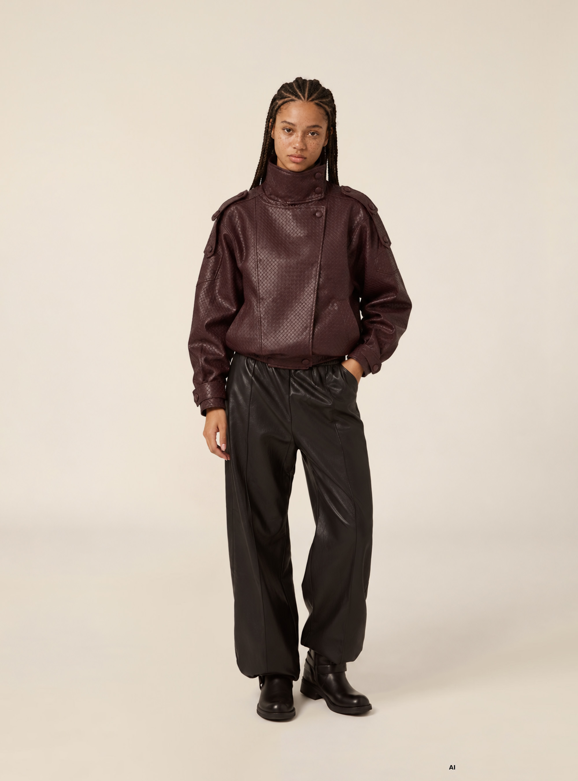 Blouson bomber effet cuir tress&eacute;, BO1 BORDEAUX DARK