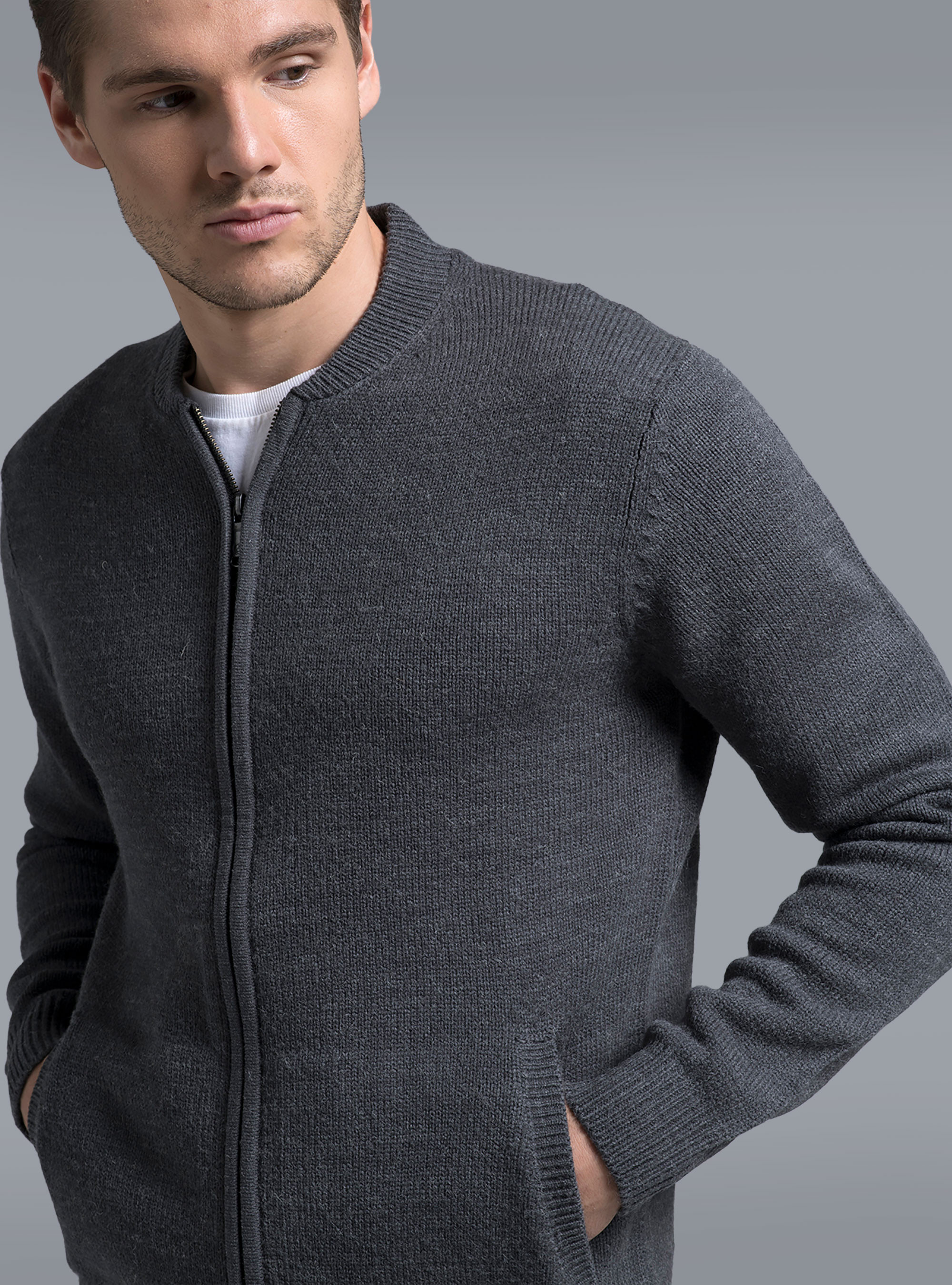 Cardigan con zip, DARK GREY MELANGE