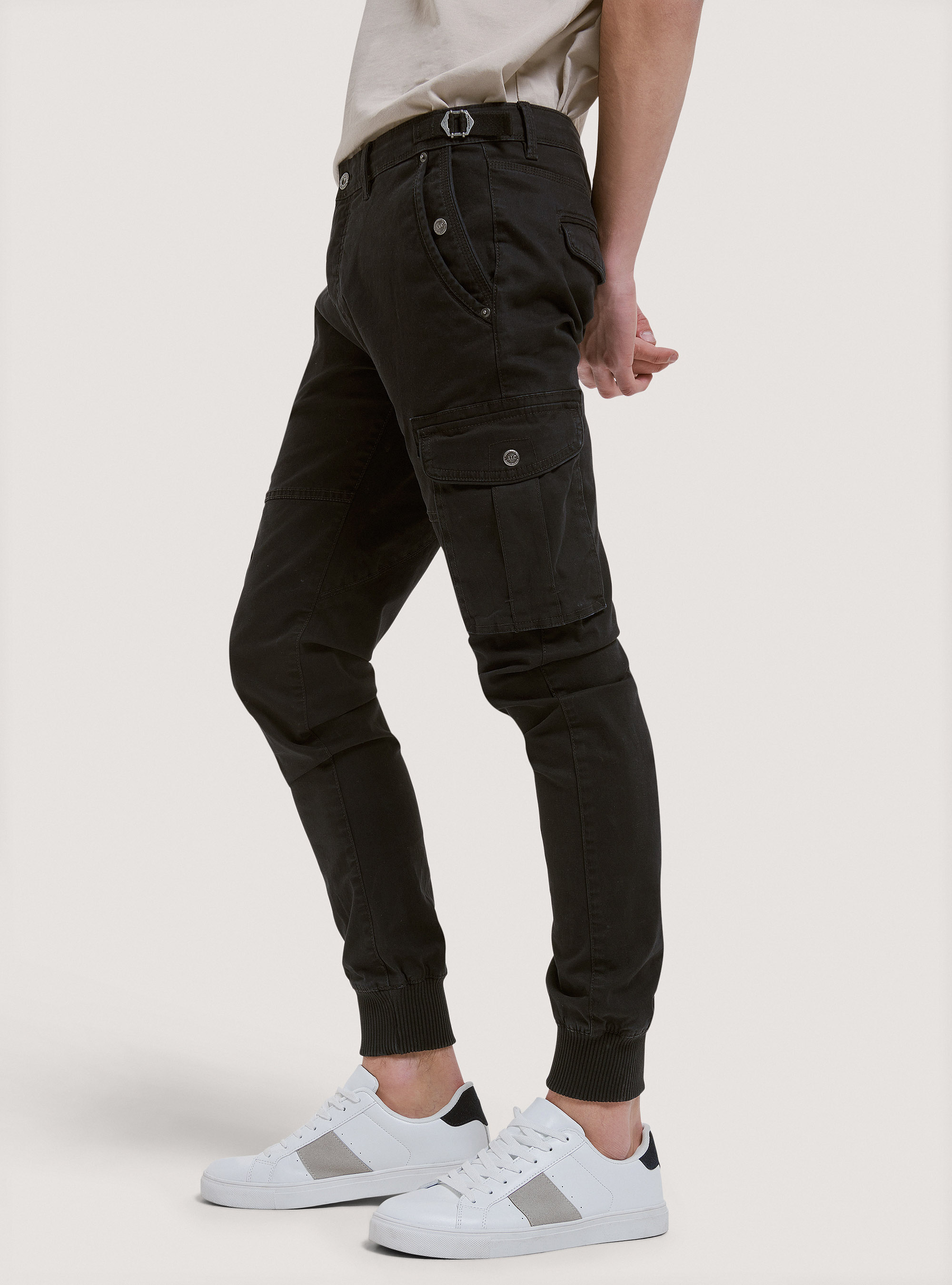 Cotton cargo trousers with elastic, BLACK