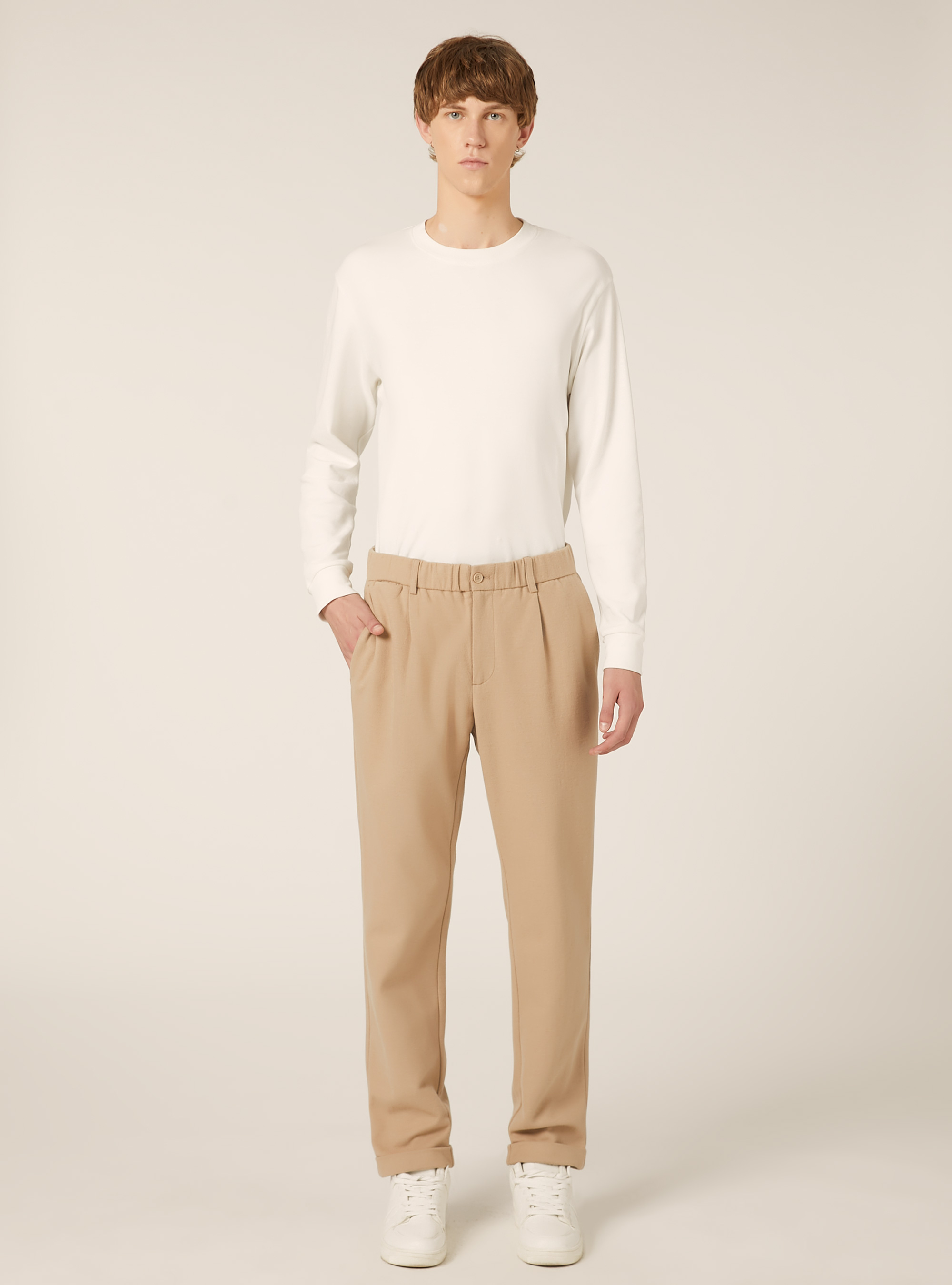 Pantalones con pinzas Efecto franela, BG2 BEIGE MEDIUM