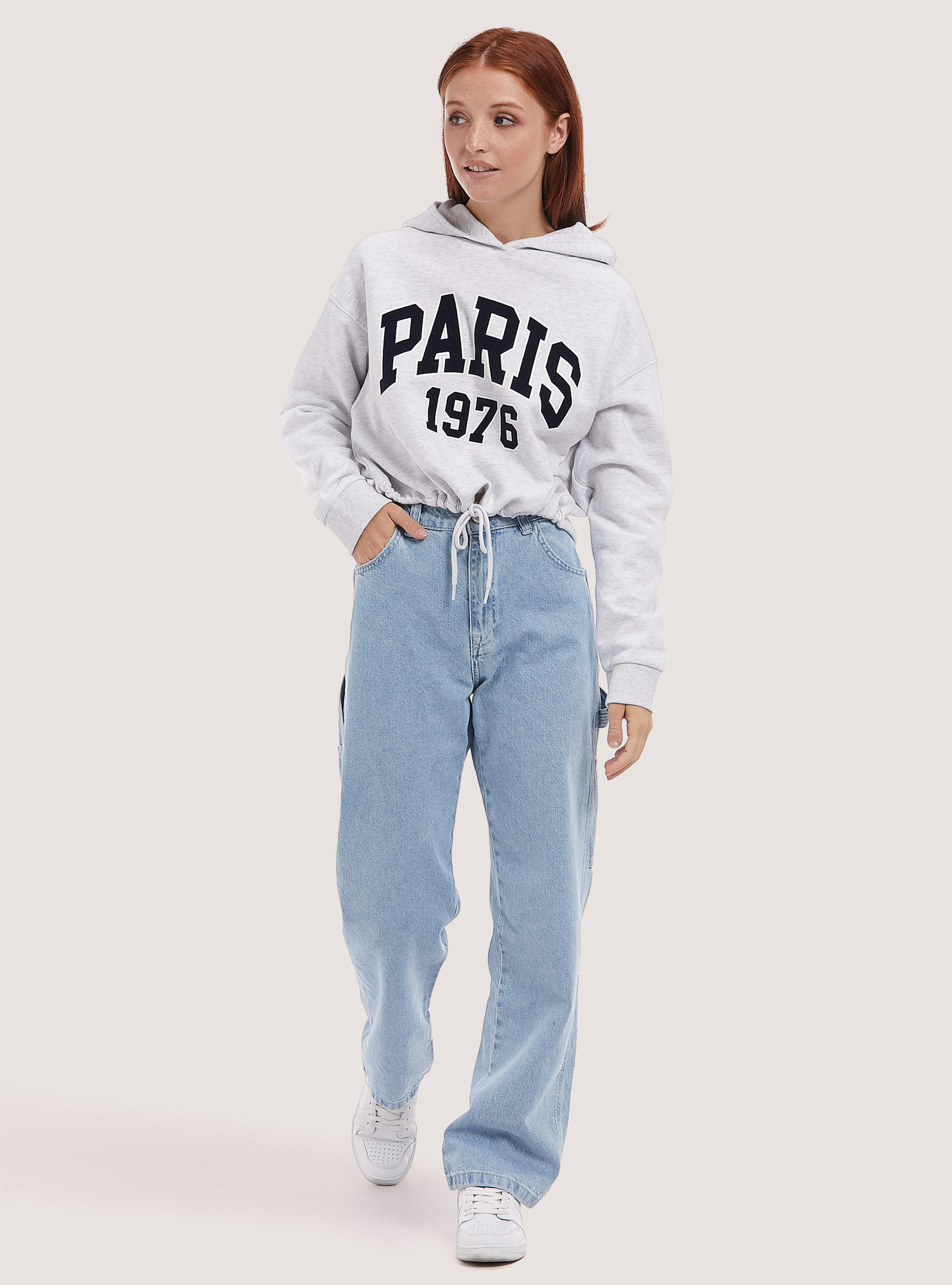 Cropped sweatshirt with print and drawstring at hem, MEL GREY LIGHT