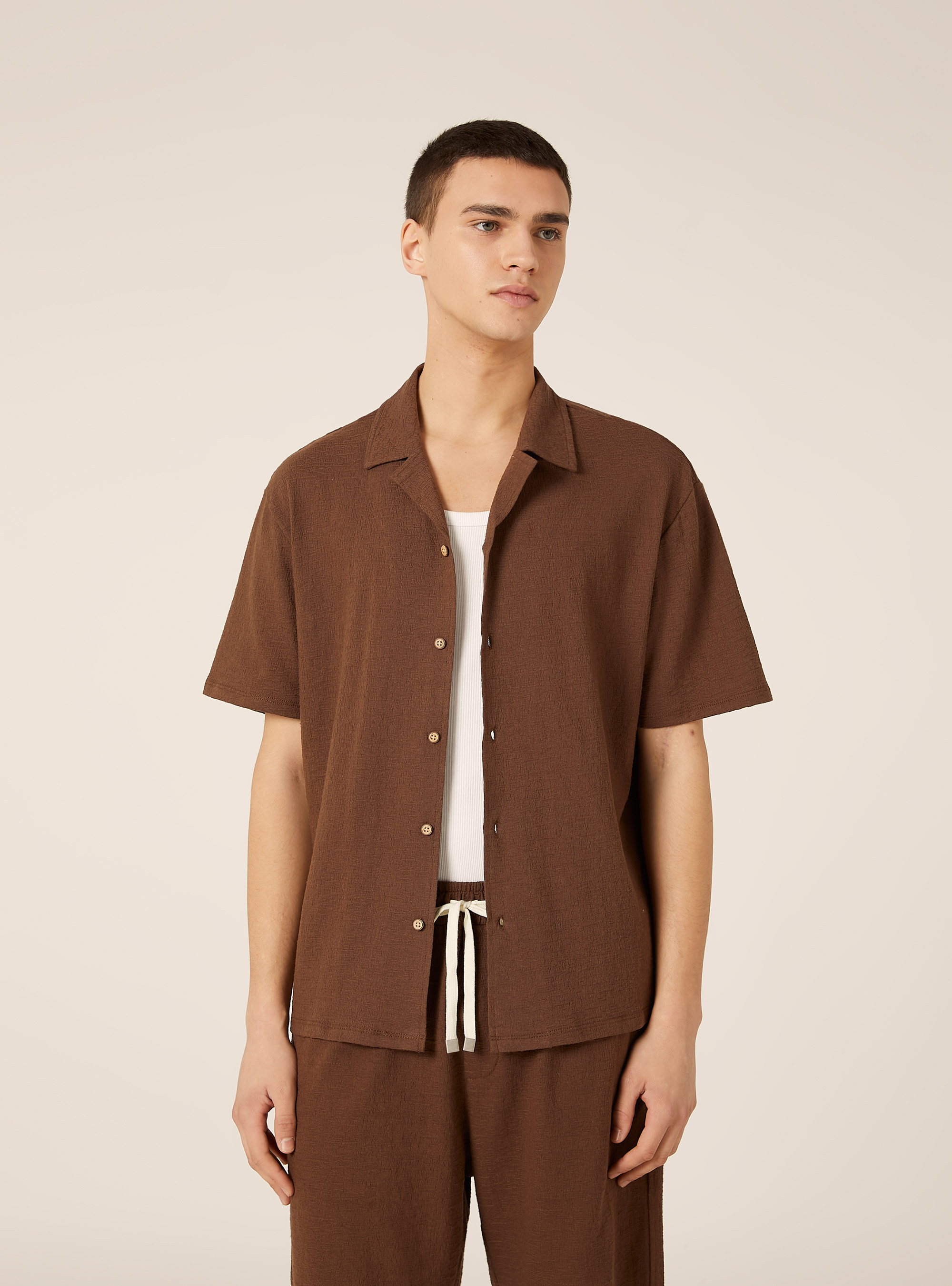 Camicia bowling in jersey texture regular fit, BR1 BROWN DARK