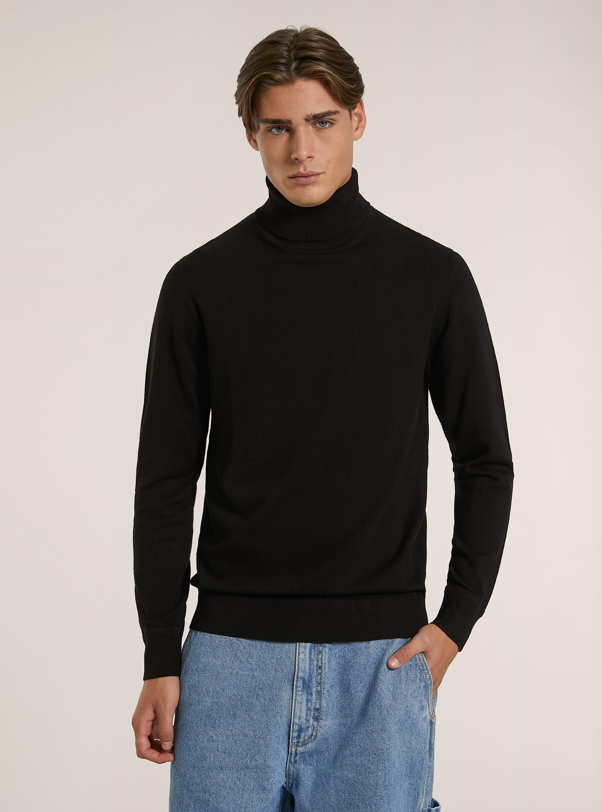 Pullover collo alto in viscosa, BK1 BLACK