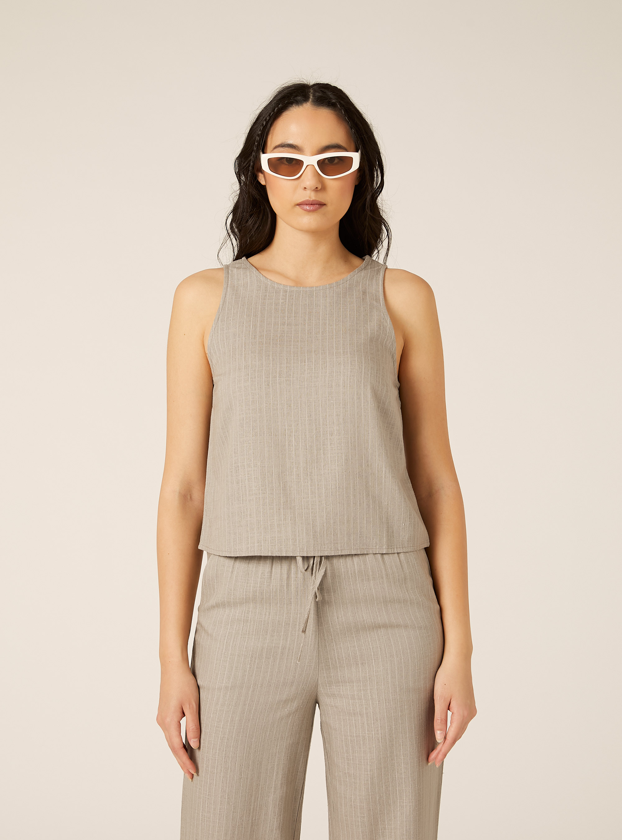 Canotta basic in misto lino, STRIPE BEIGE/WHITE