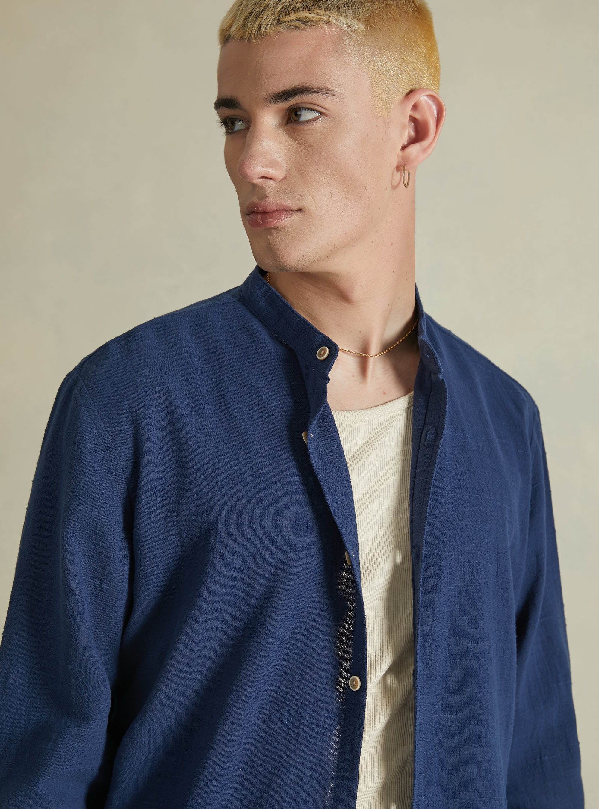 Linen blend shirt with mandarin collar, NA2 NAVY MEDIUM