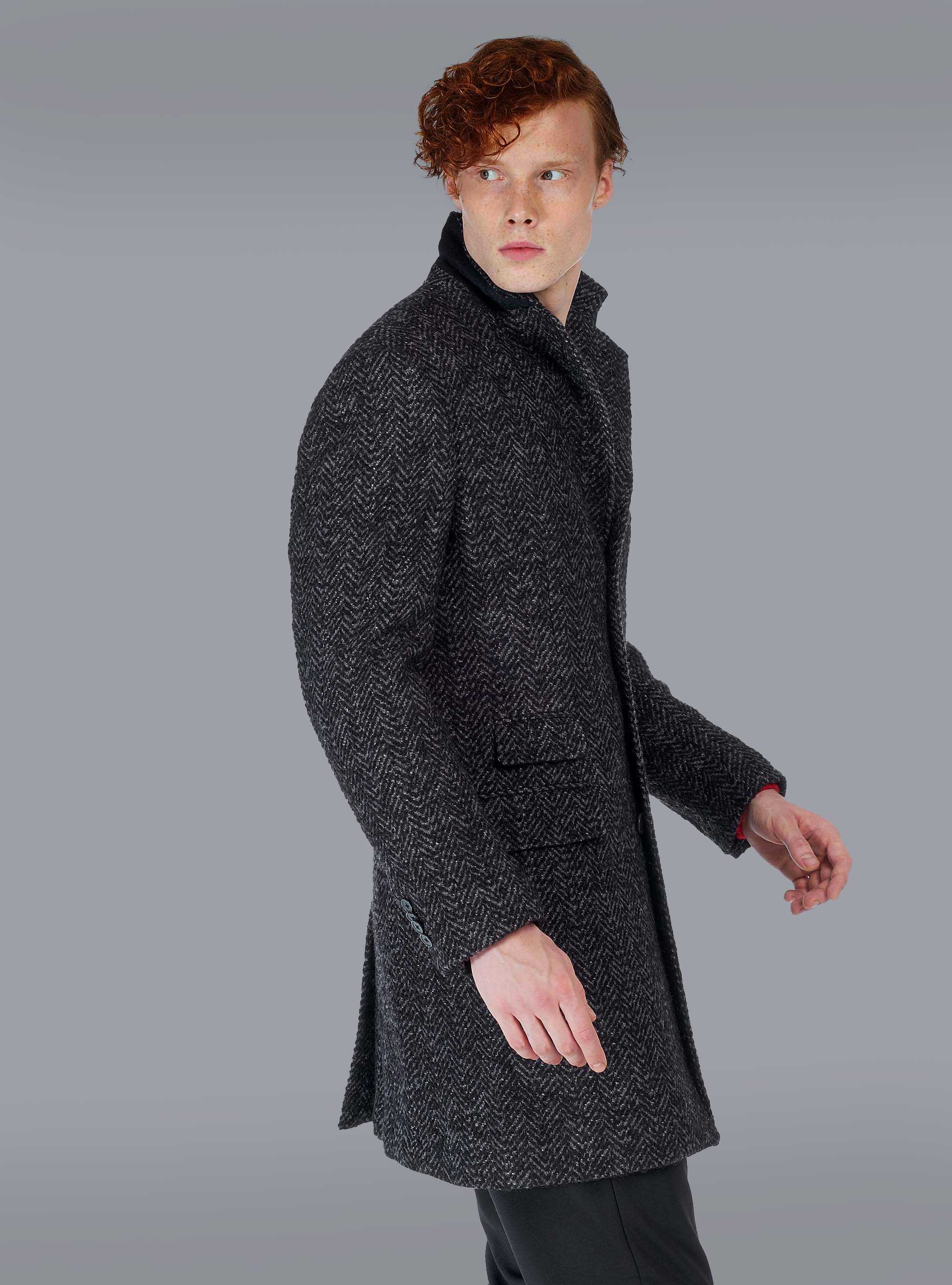 Cappotto spigato misto lana, GRIGIO MELANGE