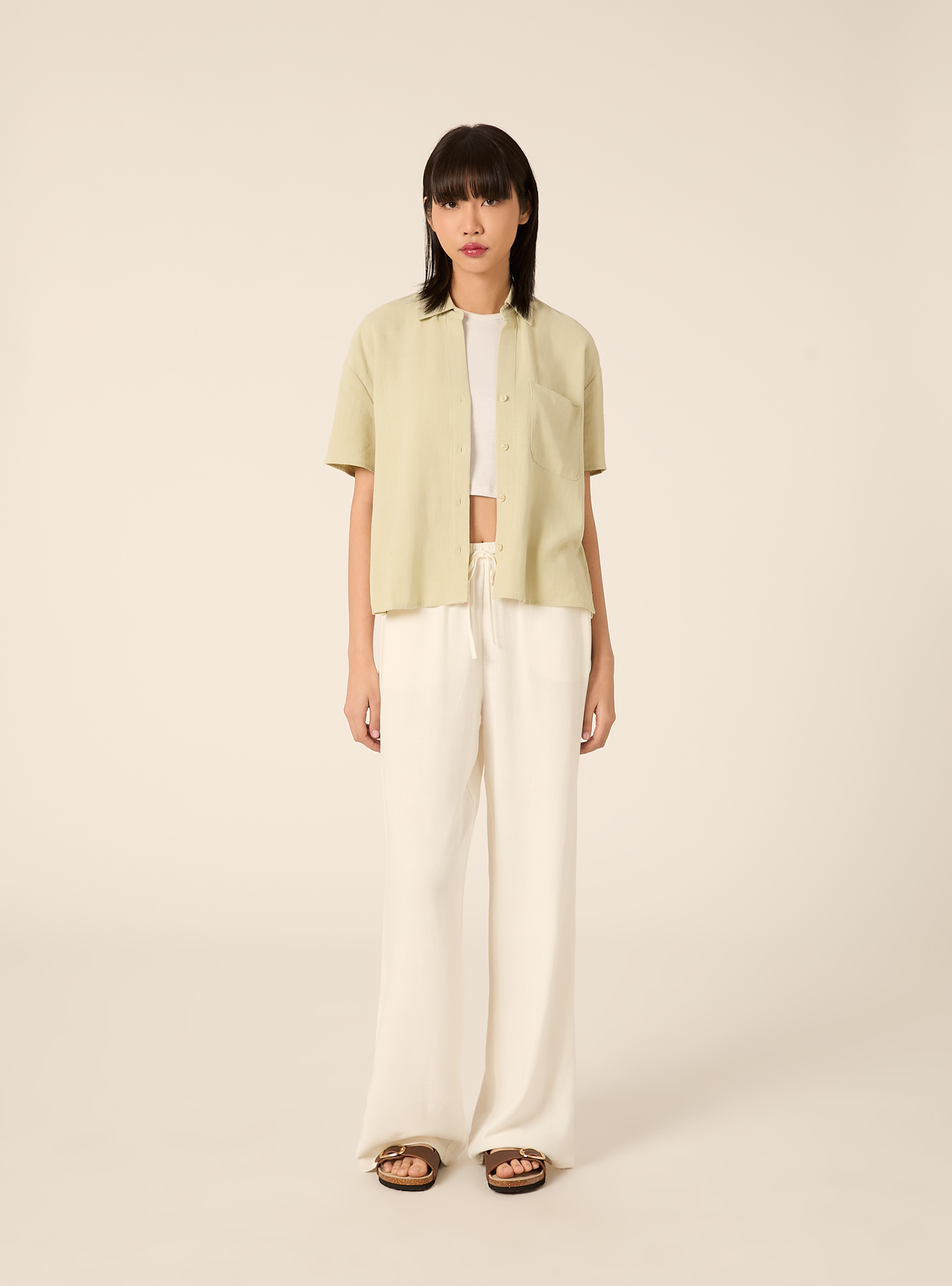 Pantaloni wide leg in misto lino, WH2 WHITE