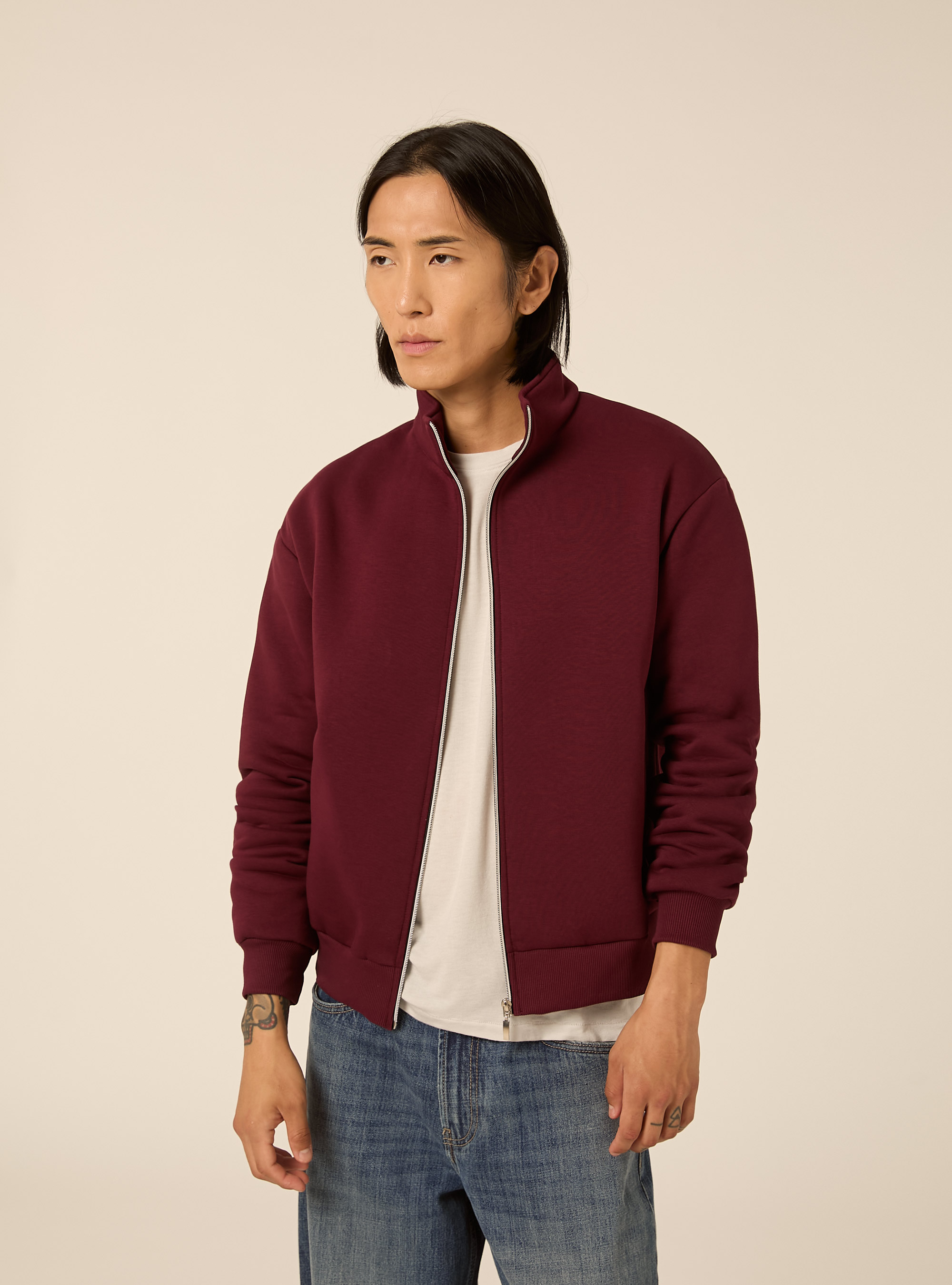 Zip front sweatshirt with mock neck, BO1 BORDEAUX DARK