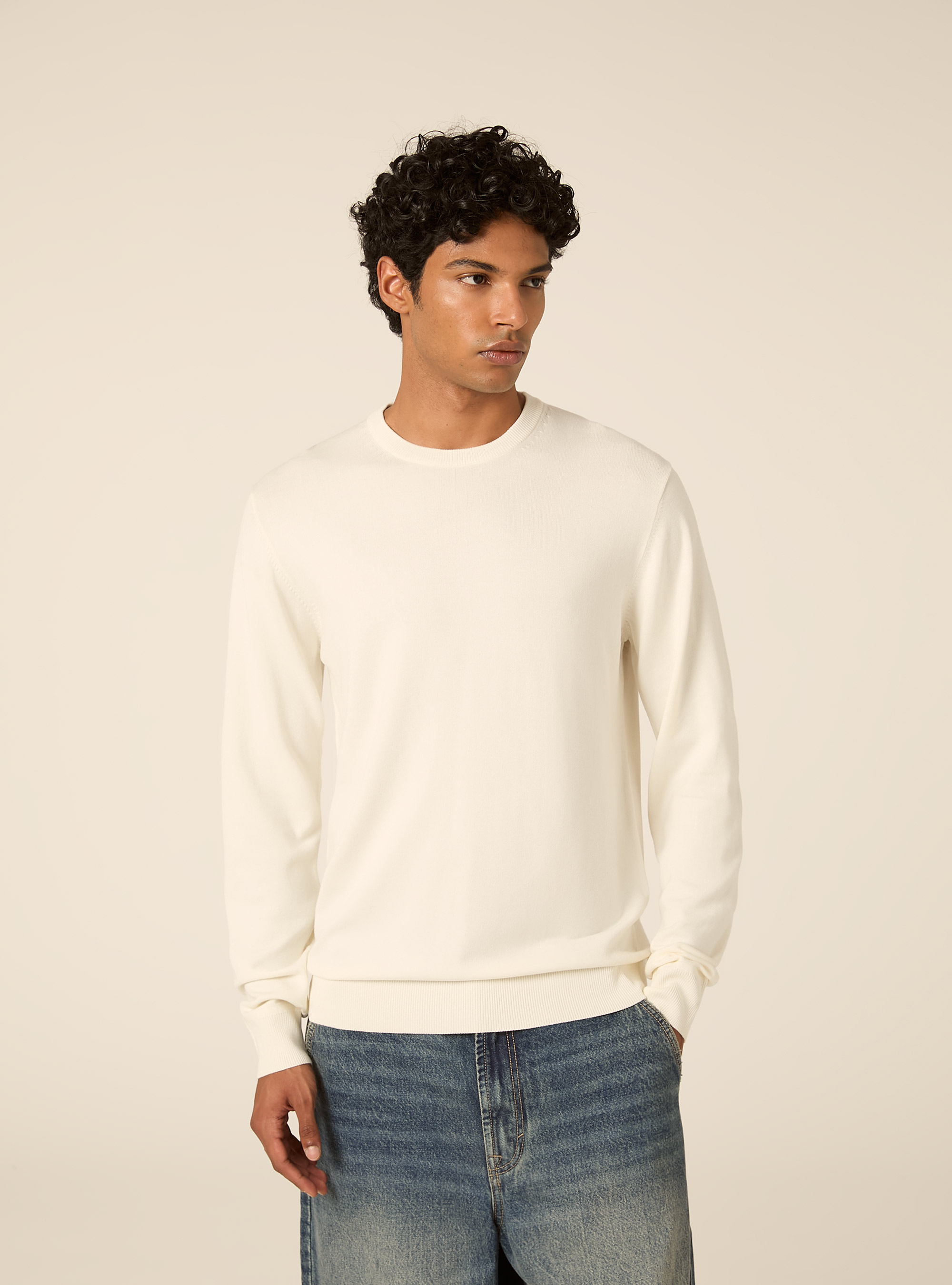 Pullover girocollo in viscosa, OFF WHITE