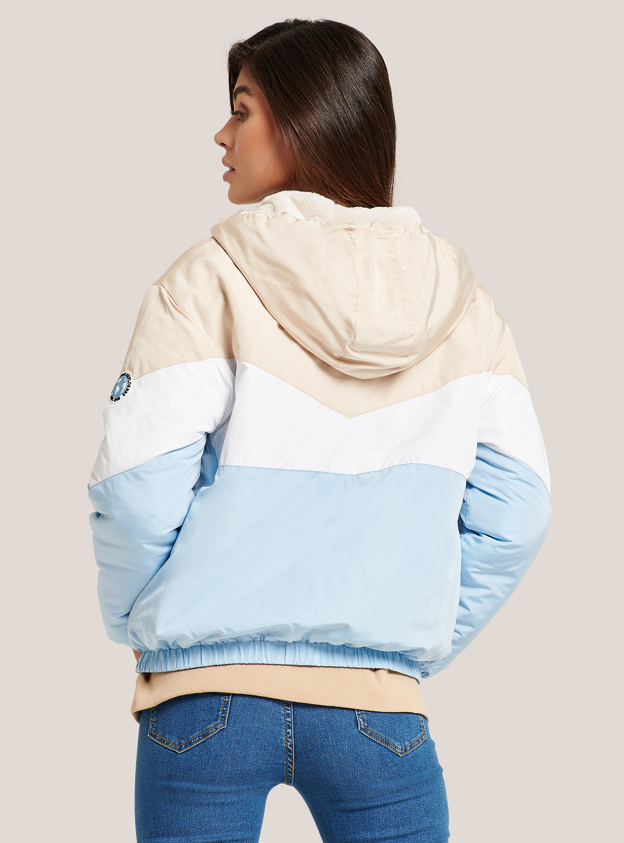 Colour block jacket with faux fur hood, C176 AZZURRE