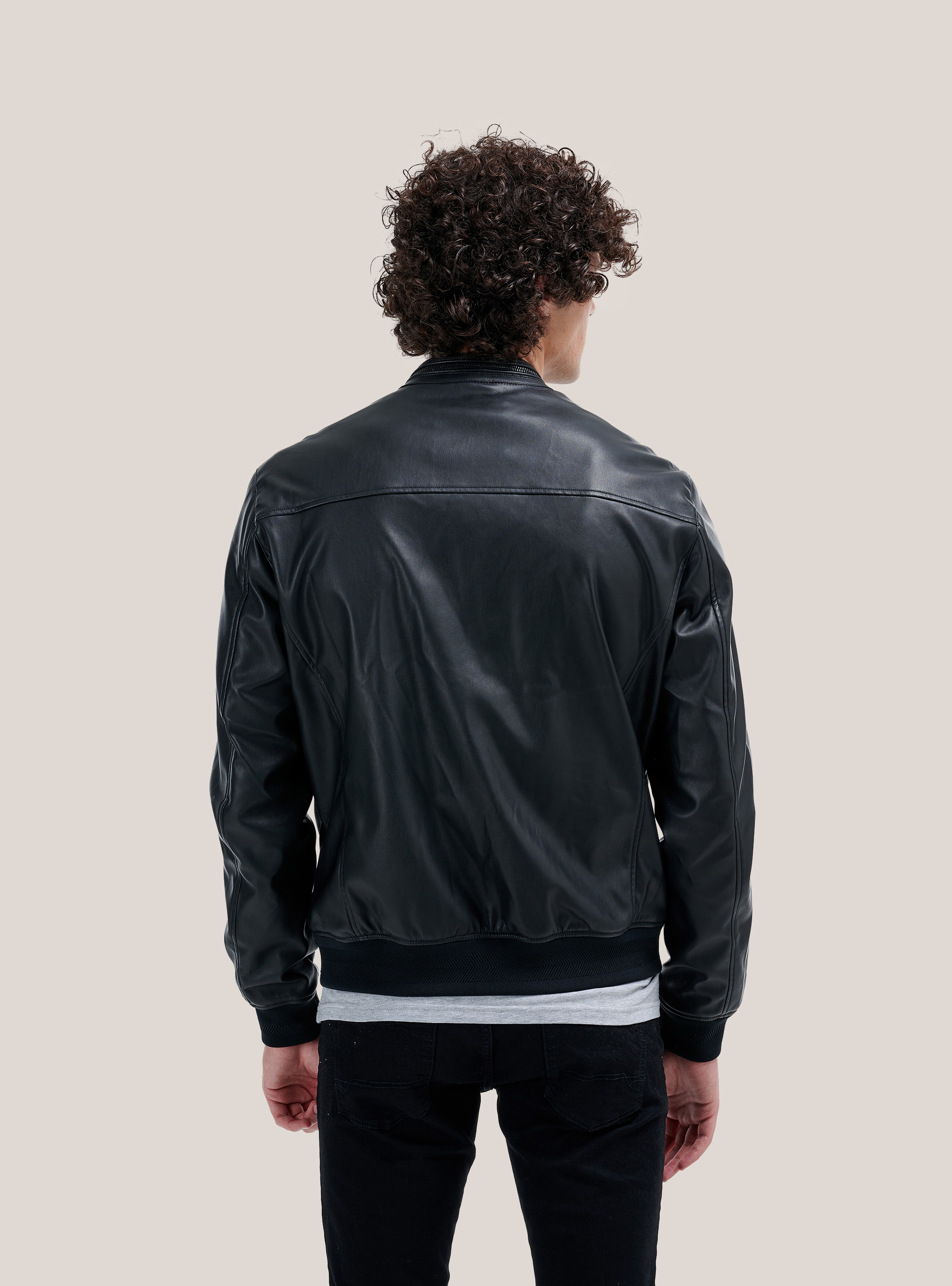 Slim fit leather effect jacket, BLACK