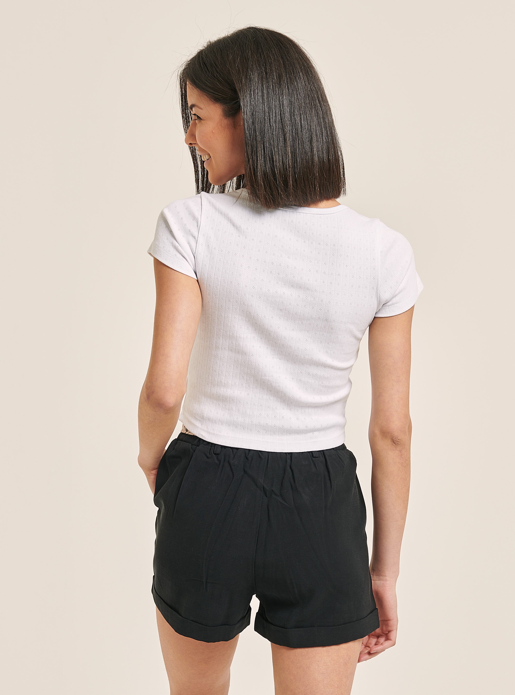 Top court en coton avec boutons, C099 WHITE