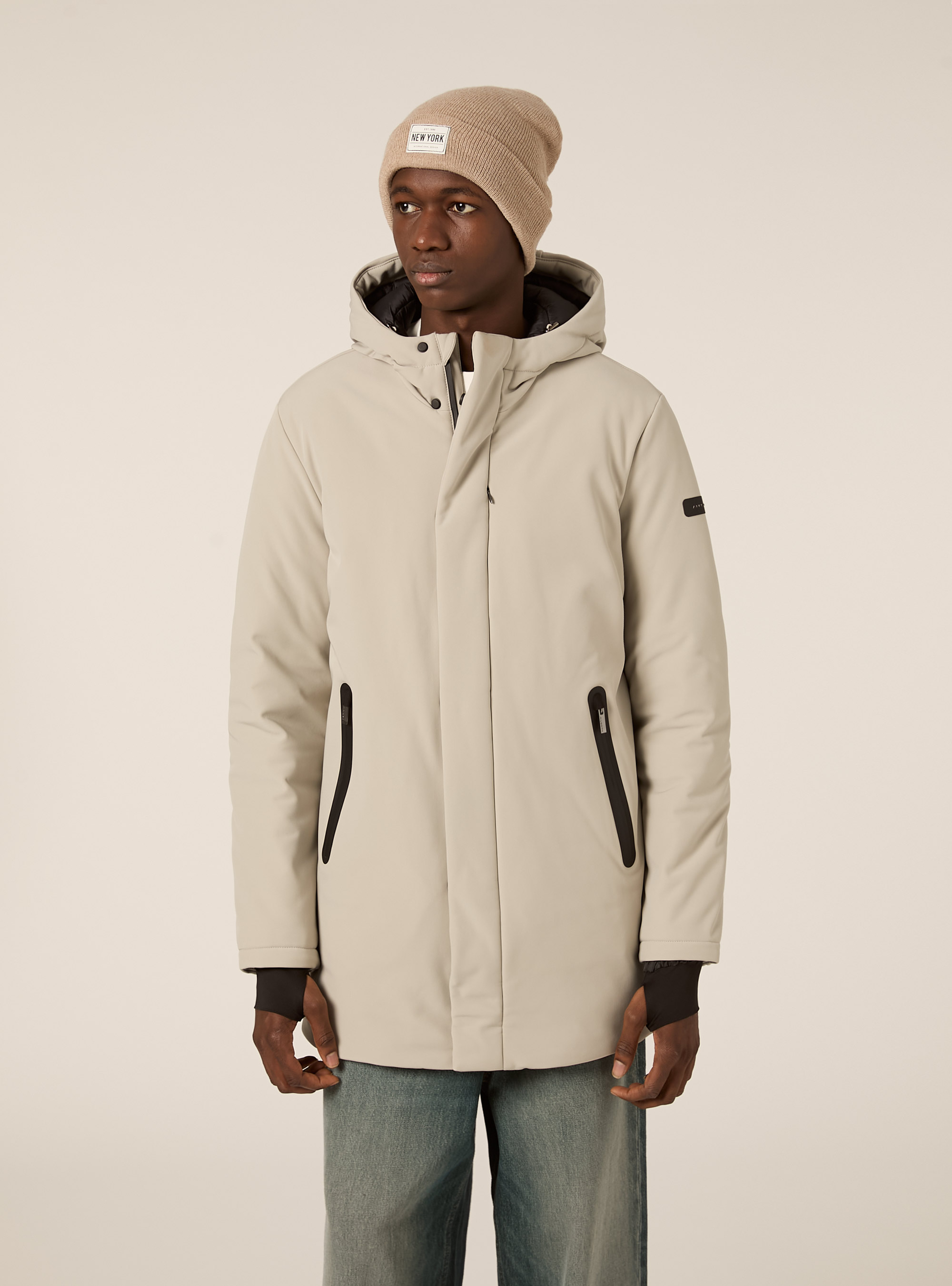 Giubbino con cappuccio e zip impermeabili lungo, CR3 CREAM LIGHT