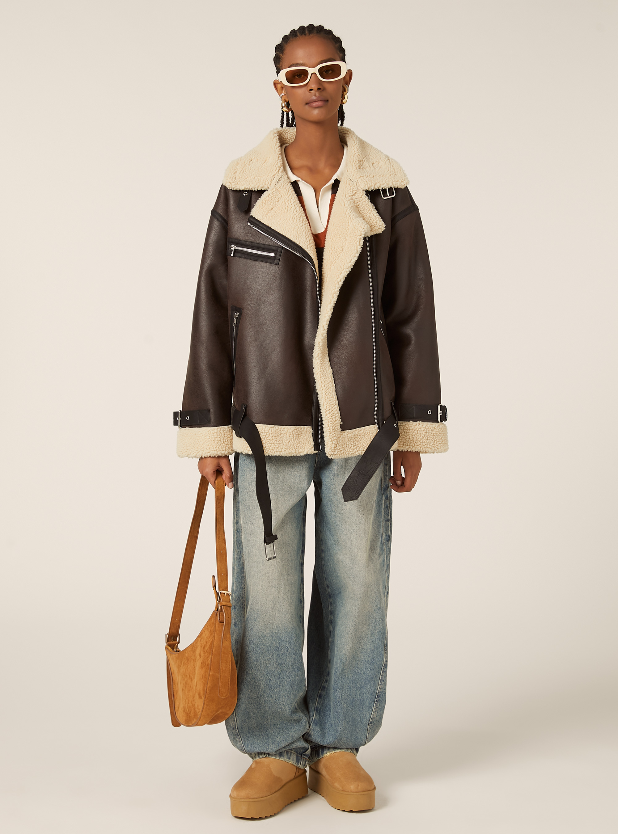 Giubbotto montone effetto pelle, BR1 BROWN DARK