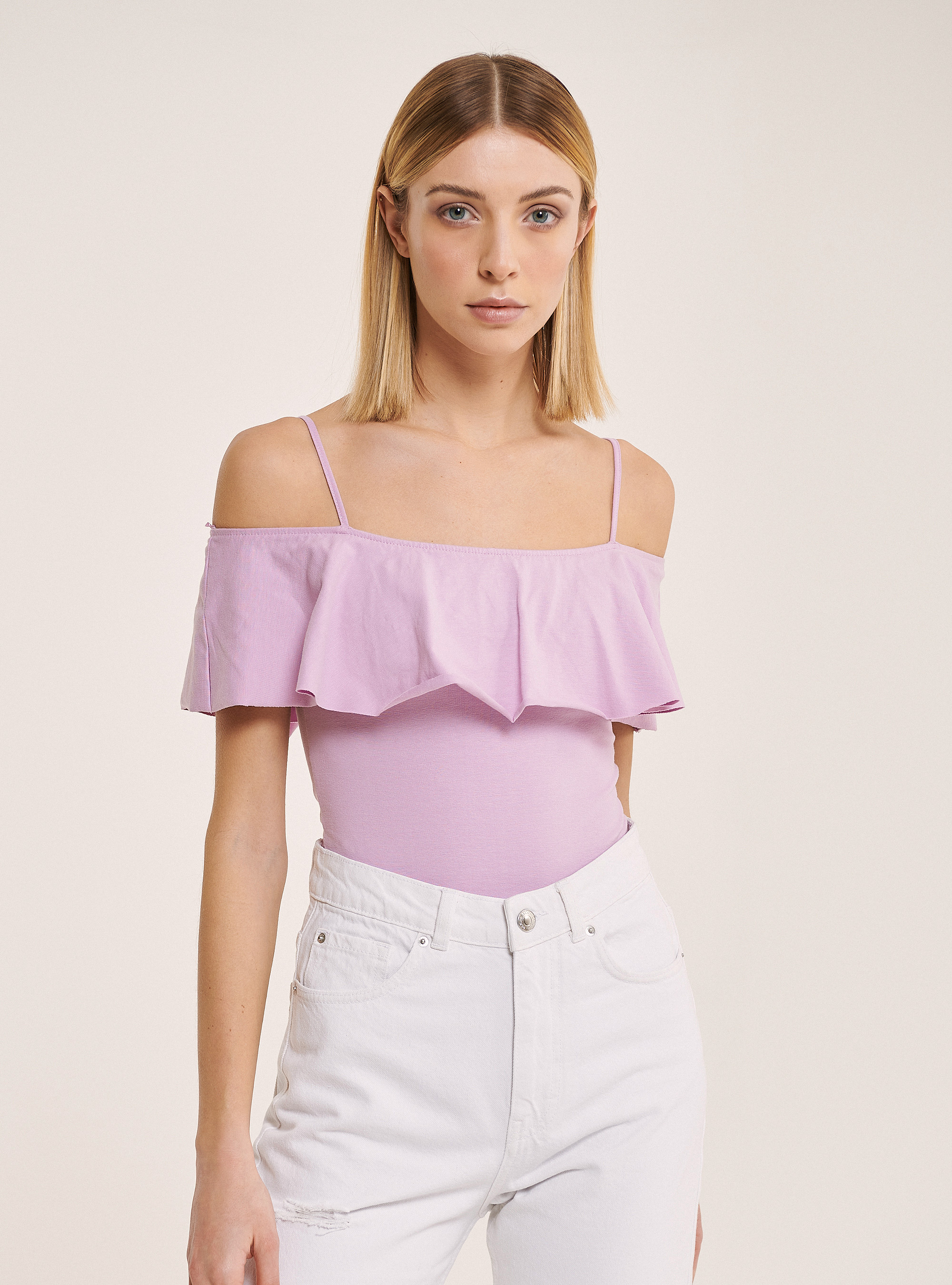 Cotton bodysuit with ruffles, C4546 LILLAC