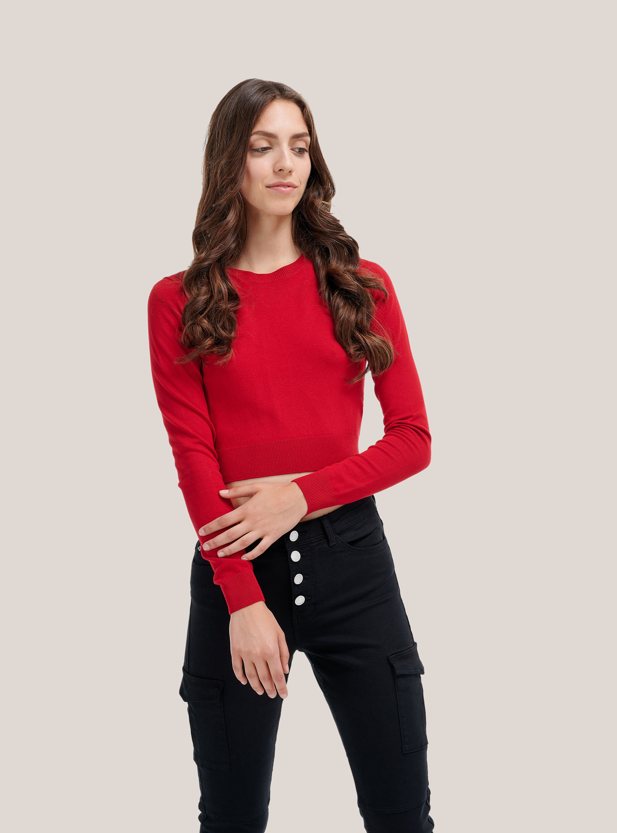 Kurzer Pullover mit Rundhalsausschnitt, C4498 RED