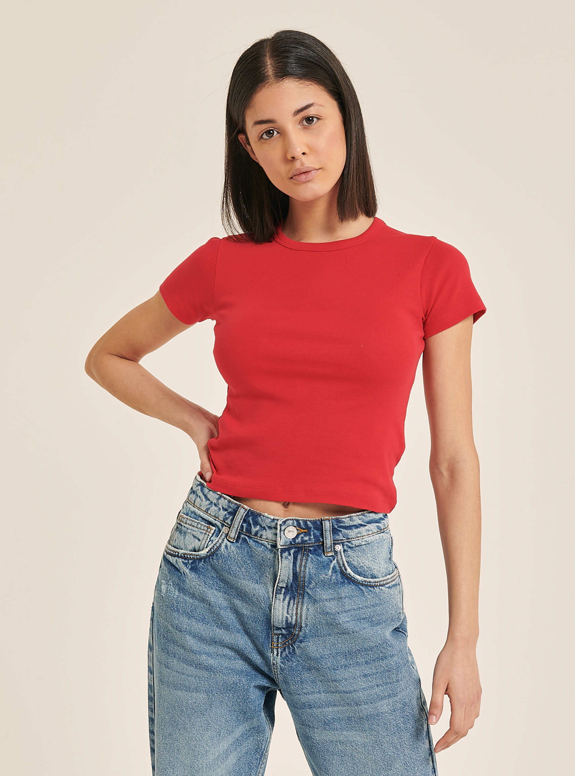 T-shirt côtelé crop, C3393 RED