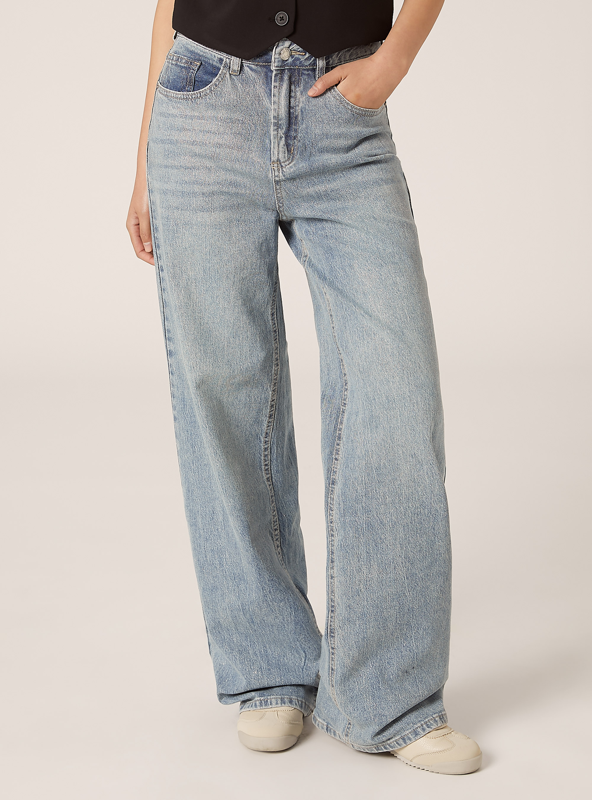 Jeans straight con brillantini, D006 AZURE