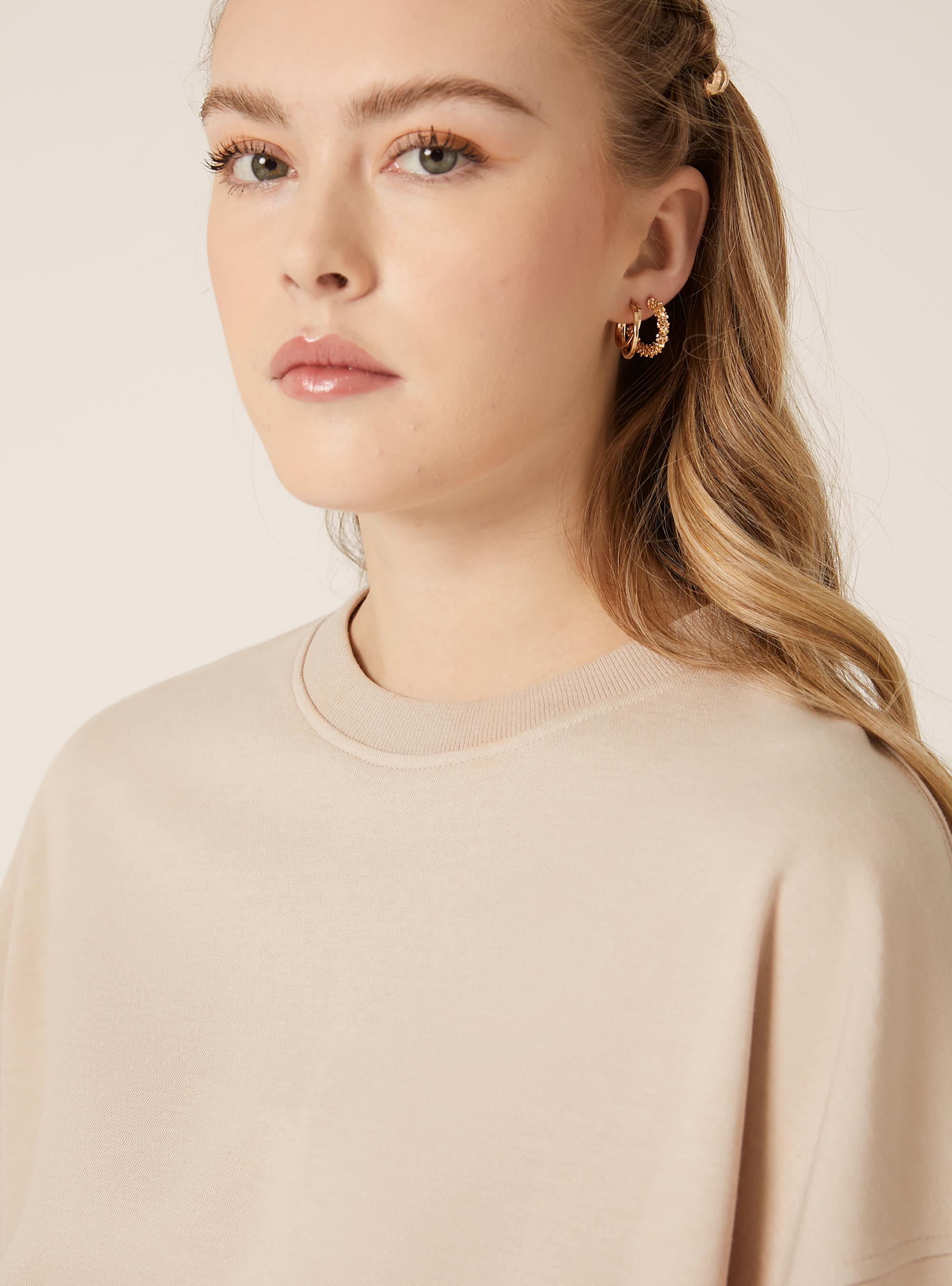 Plain-coloured cotton crew-neck sweatshirt, BG2 BEIGE MEDIUM