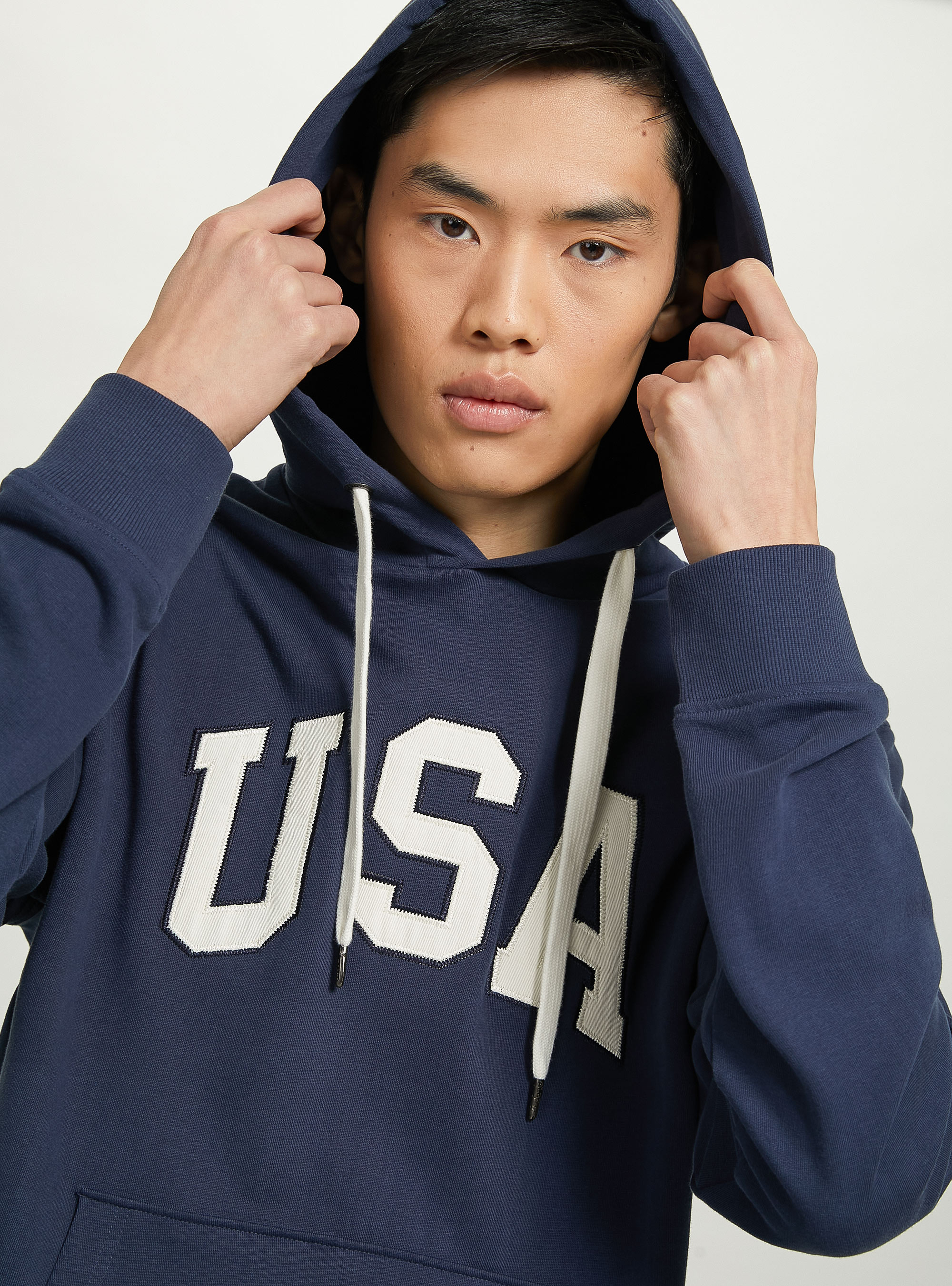 Sweat-shirt en coton avec capuche et patch USA, C2456 BLU