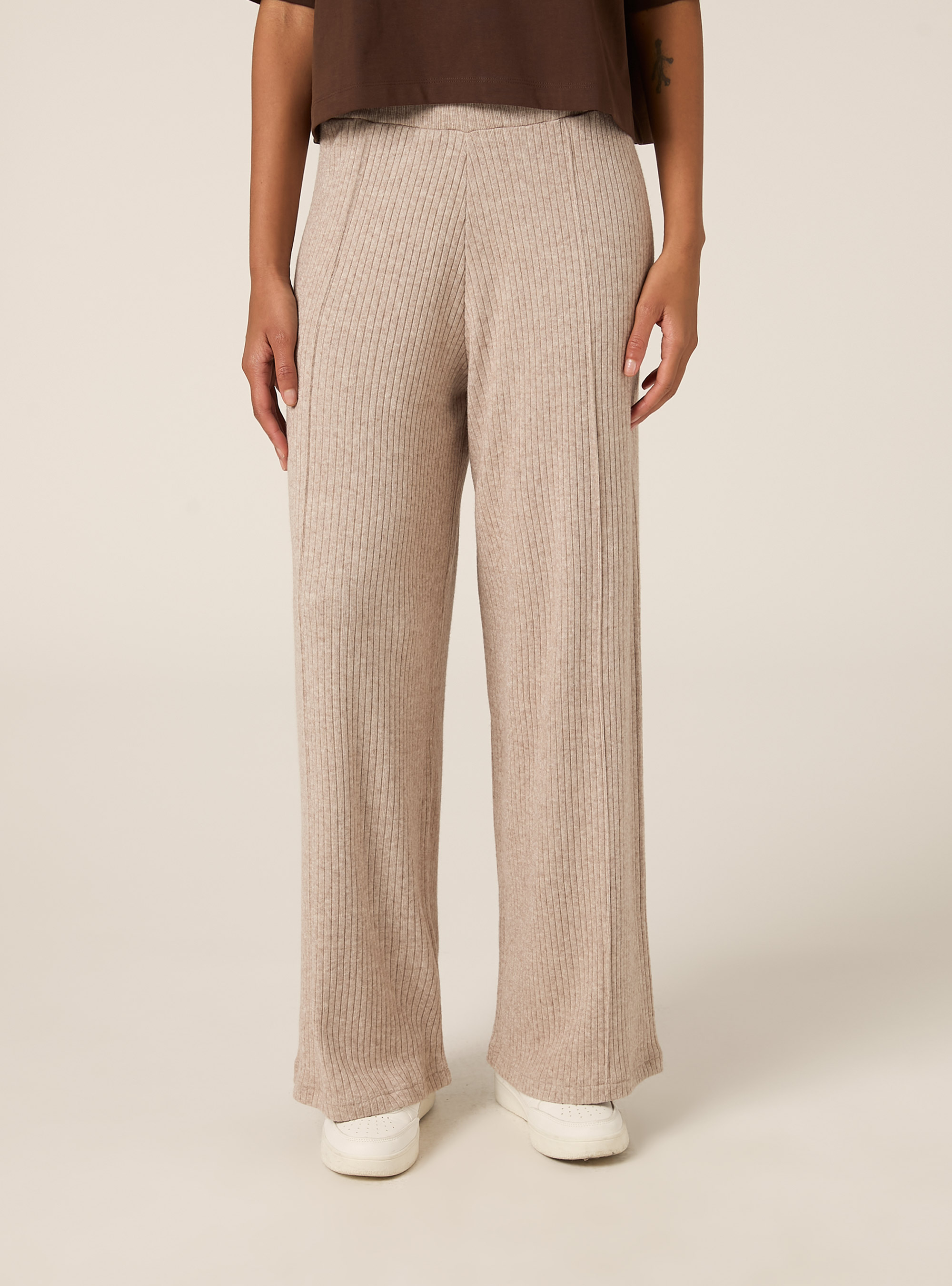 Pantalones de punto palazzo, MBG2 BEIGE MEL MED