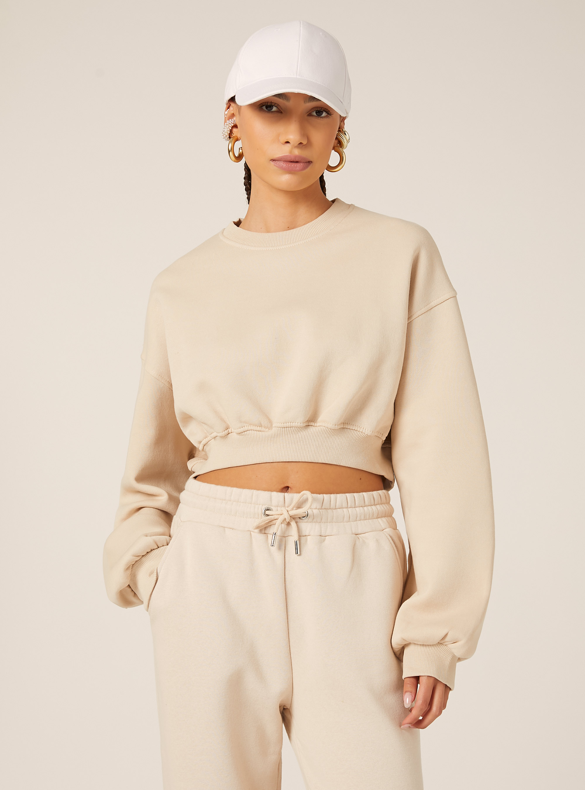 Felpa girocollo in cotone crop, BG2 BEIGE MEDIUM