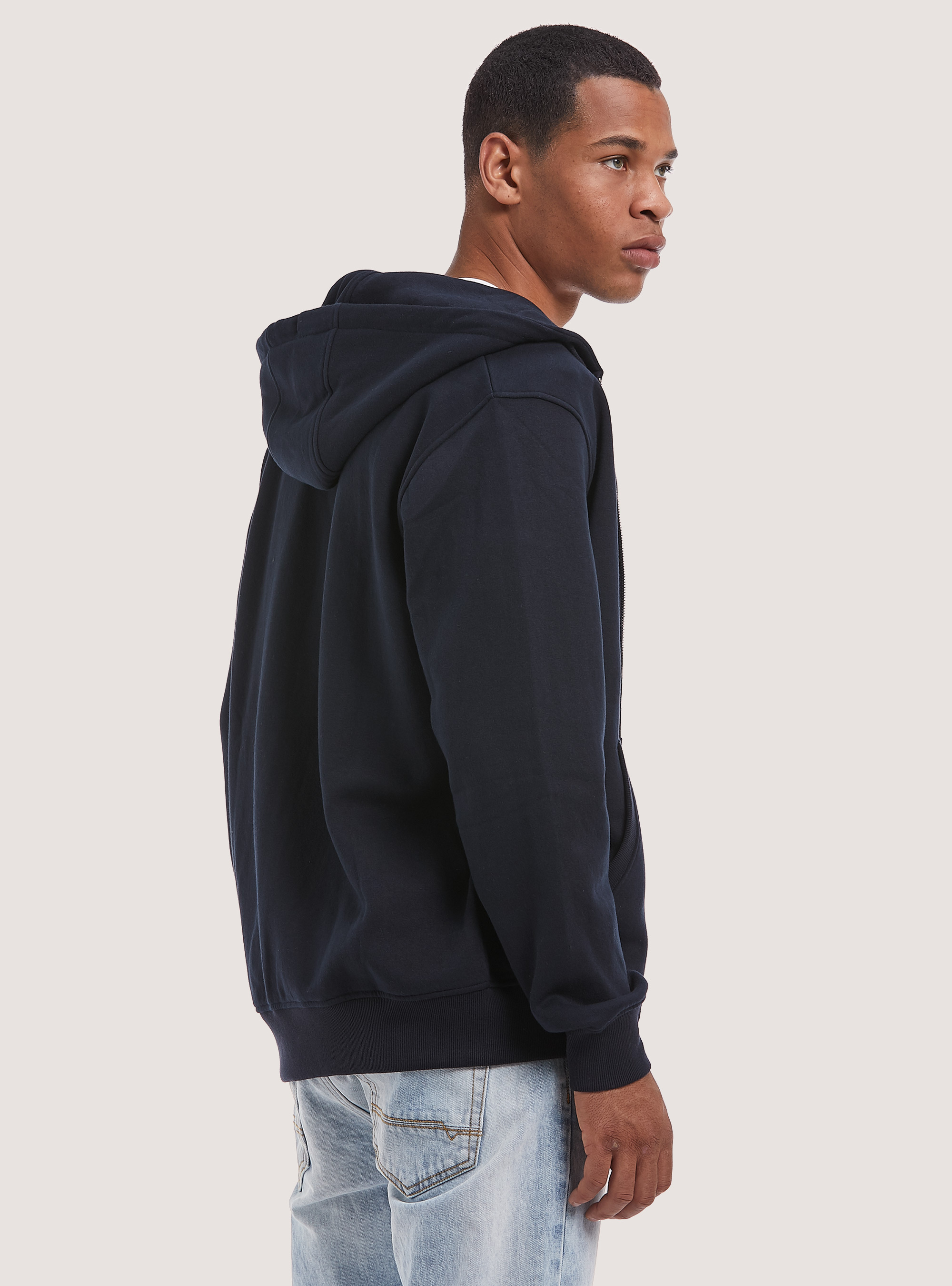 Basic hooded zip-up cotton sweatshirt, BLUE NAVY