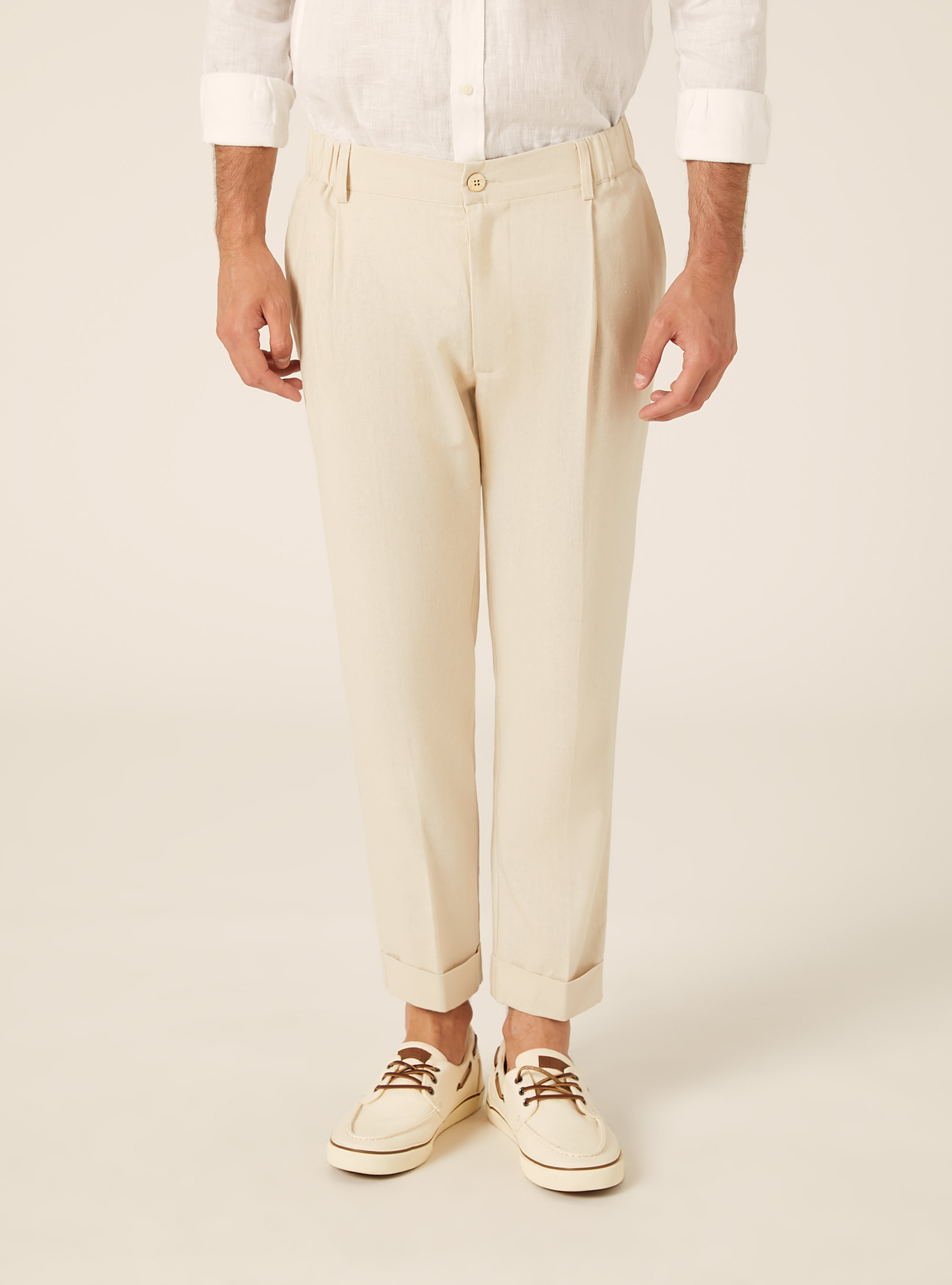 Pantaloni una pince misto lino, BG2 BEIGE MEDIUM