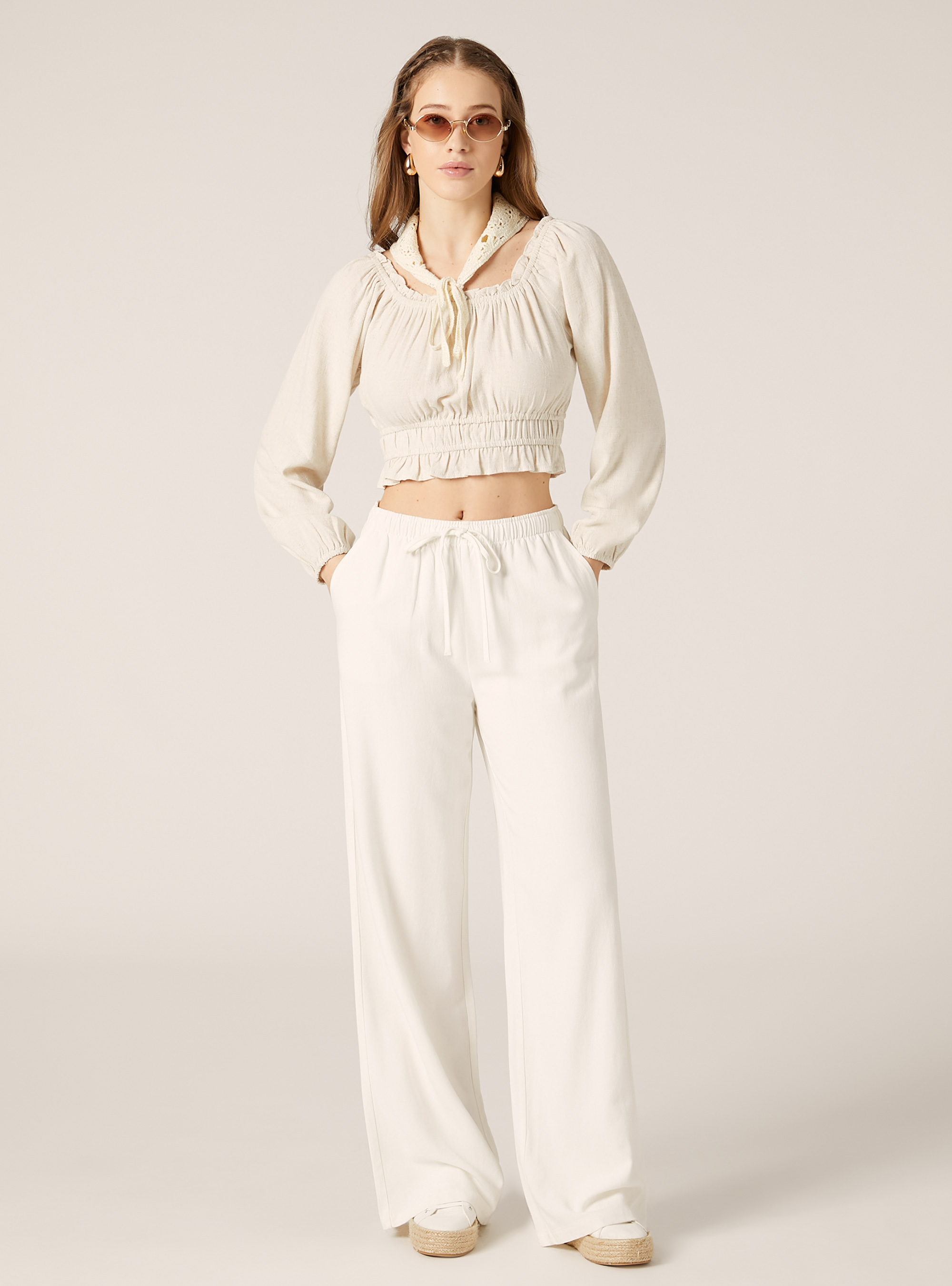 Blusa boho de mezcla de lino, MBG3 BEIGE MEL LIGHT