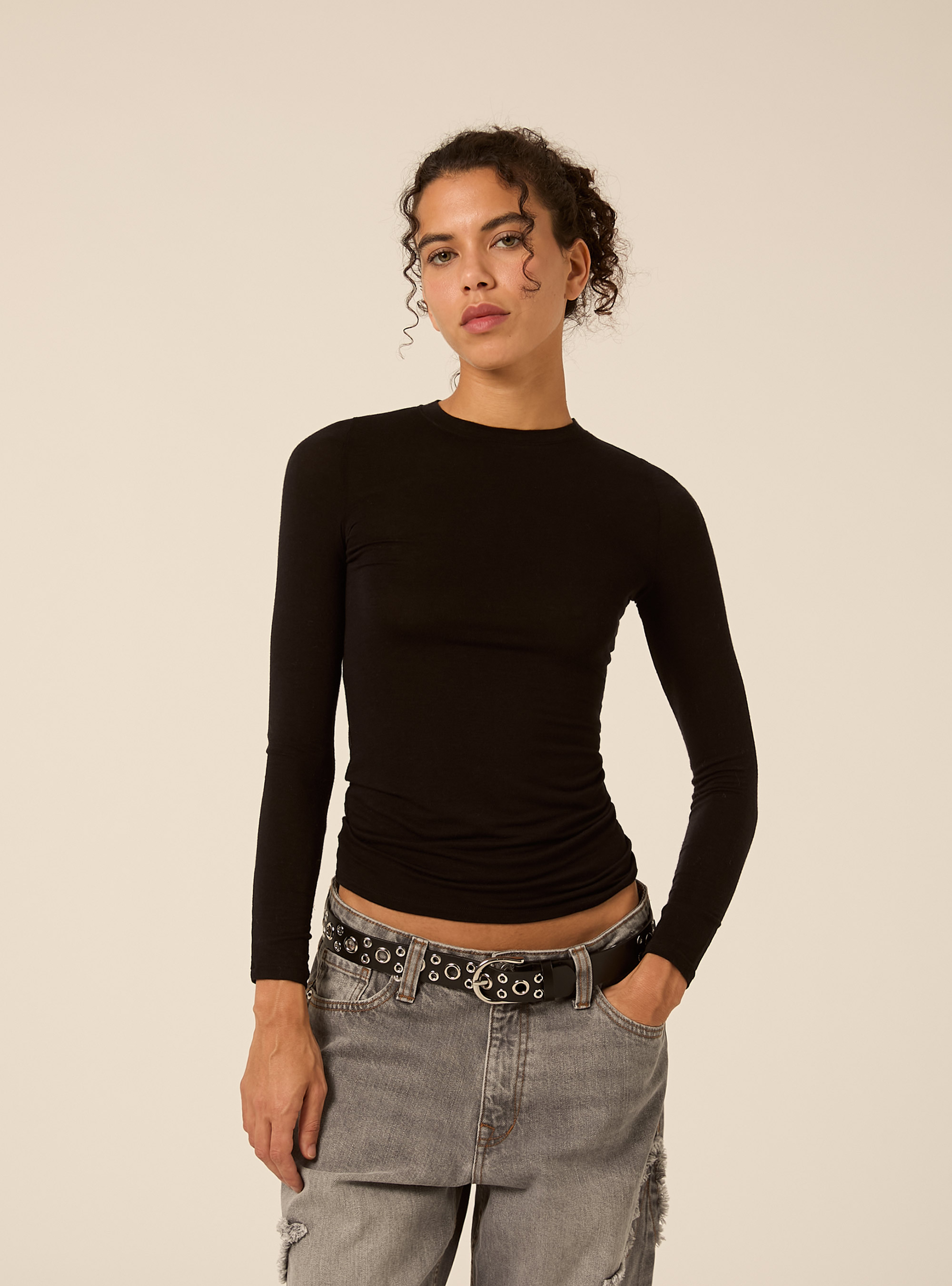 T shirt col rond a manches longues en melange de cashmere, BK1 BLACK