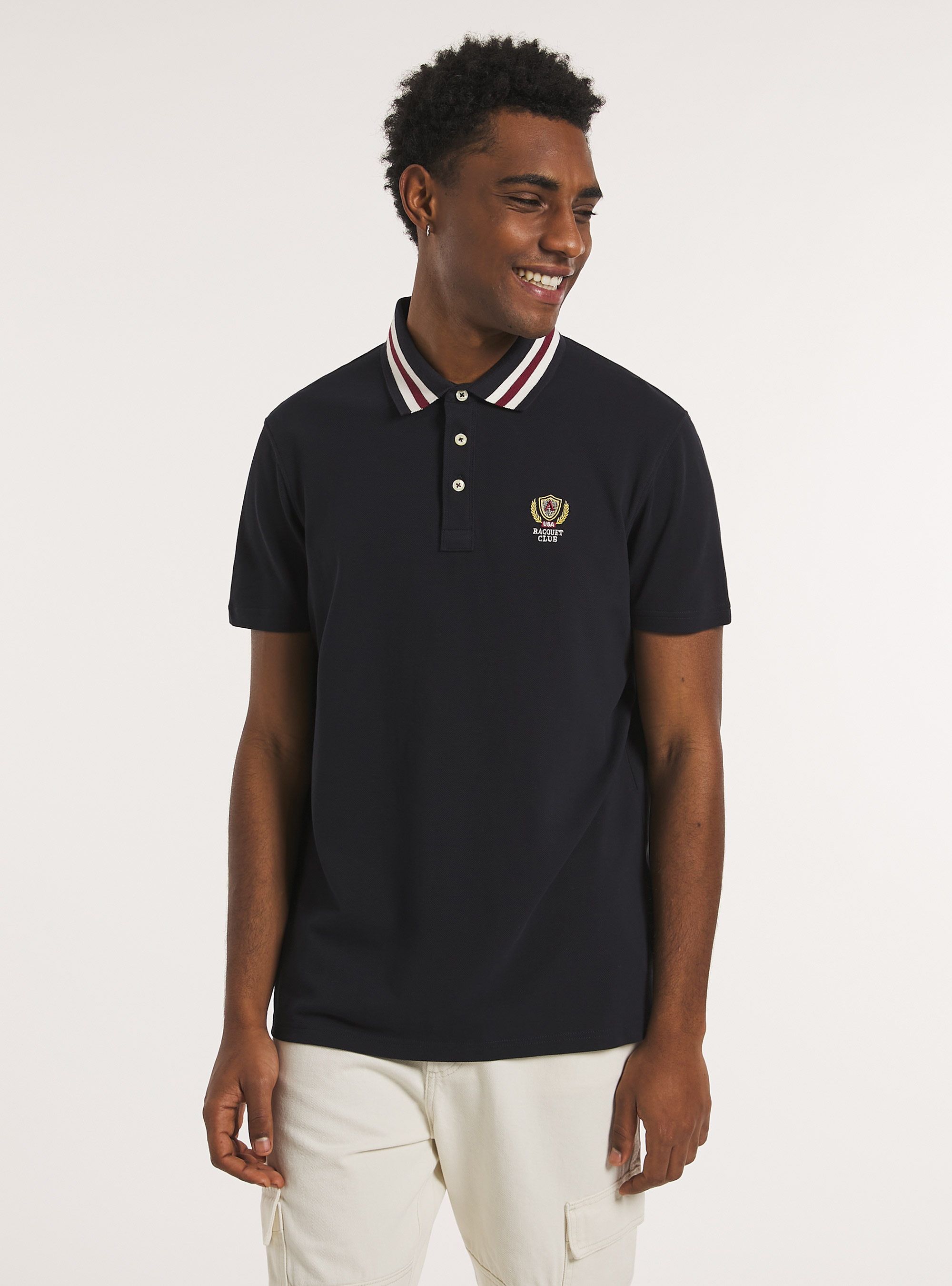 Polo de algod&oacute;n con bordado, AZUL MARINO