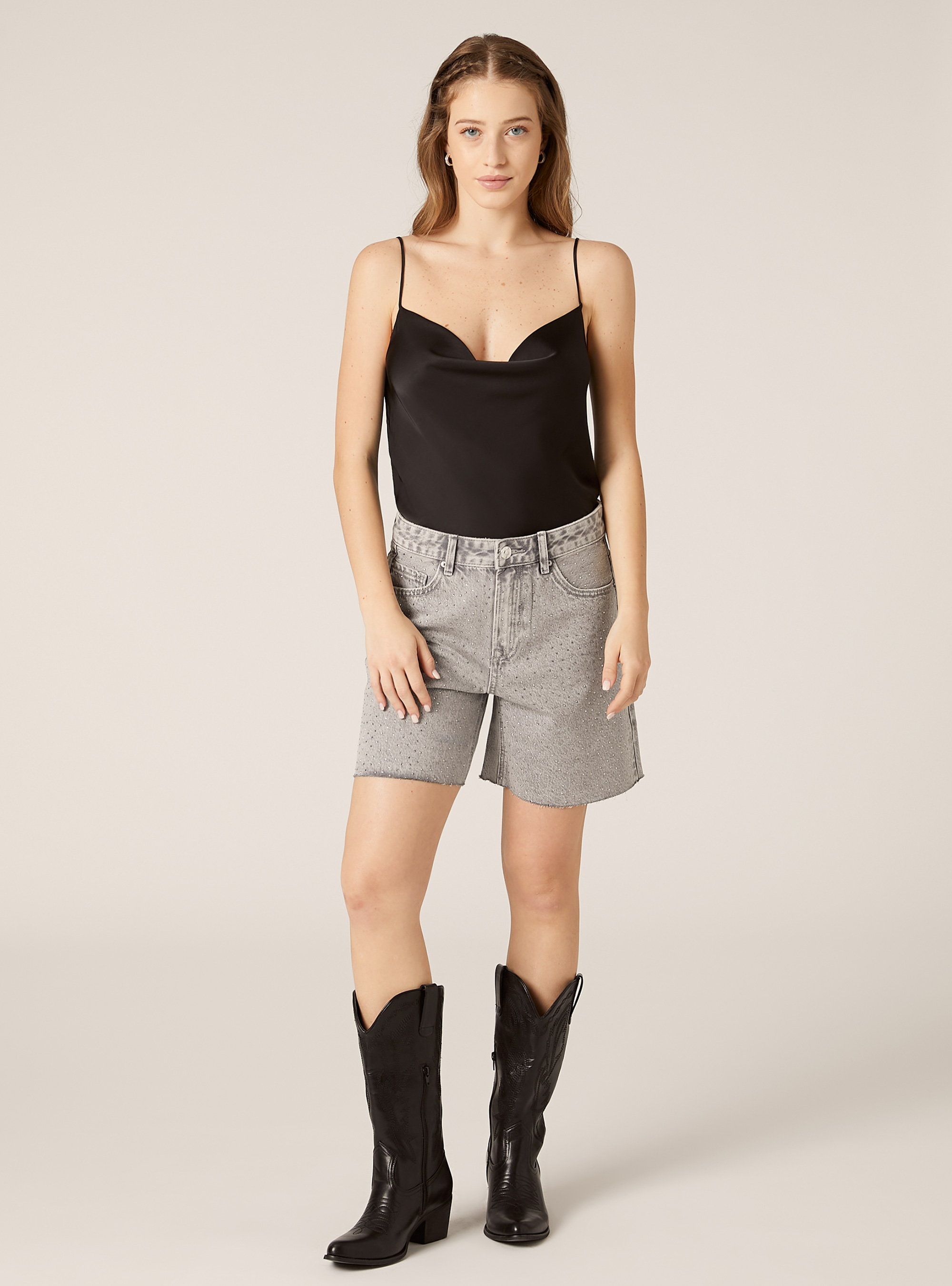 Short long en denim avec strass, D00G GREY