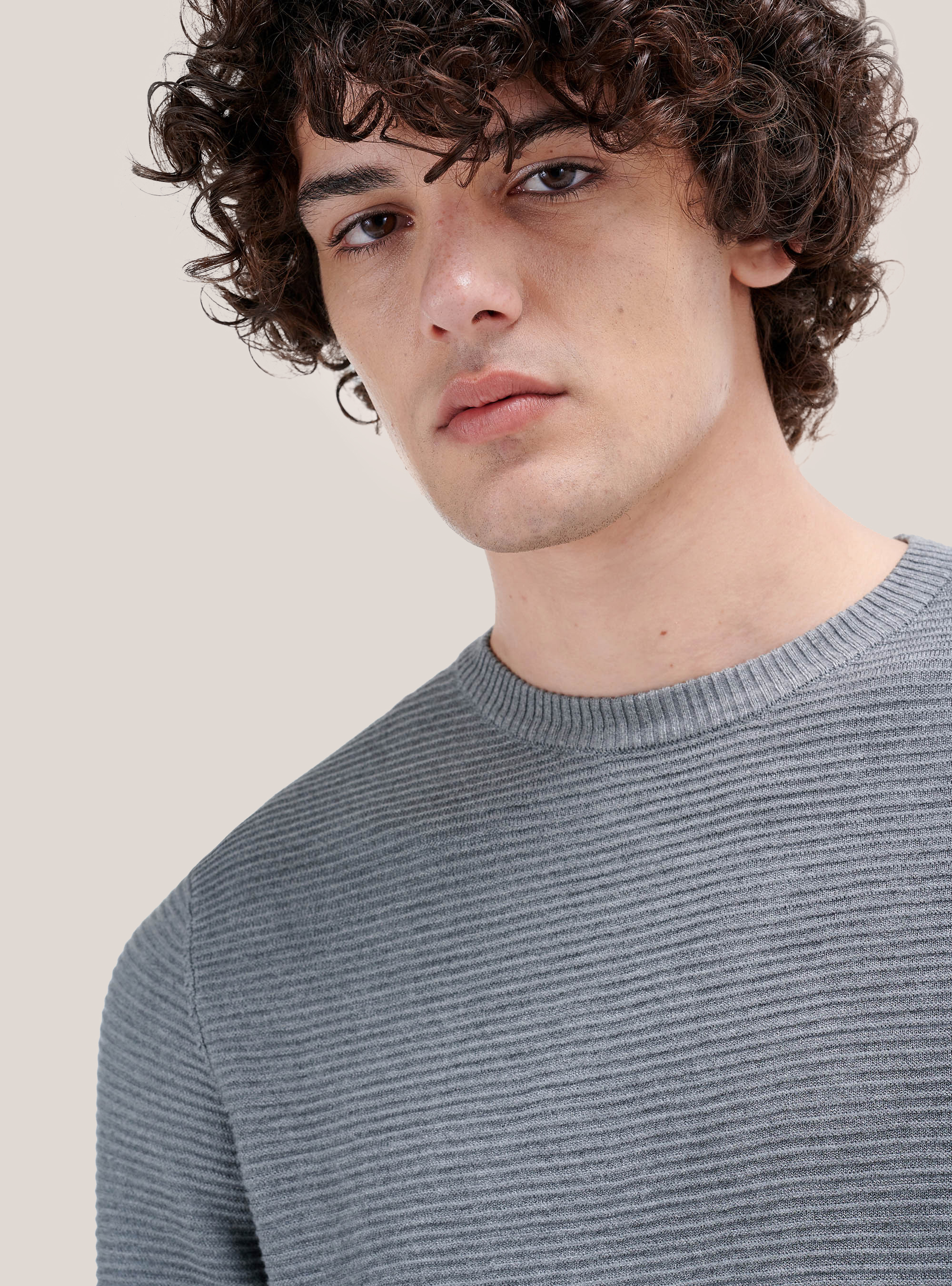 Structured knit crewneck pullover, GREY MELANGE