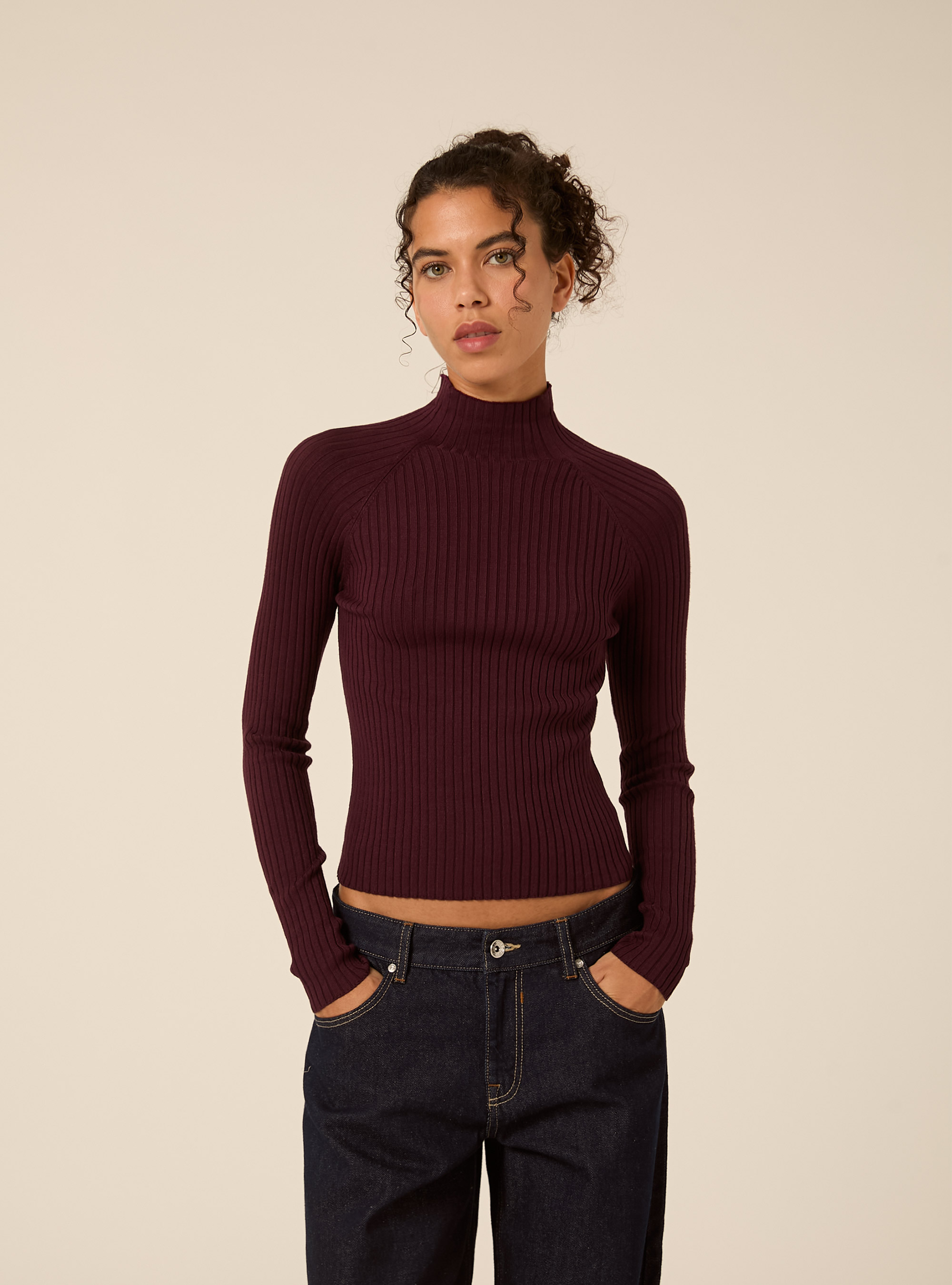 Ribbed mock neck jumper with raglan sleeves, BO1 BORDEAUX DARK
