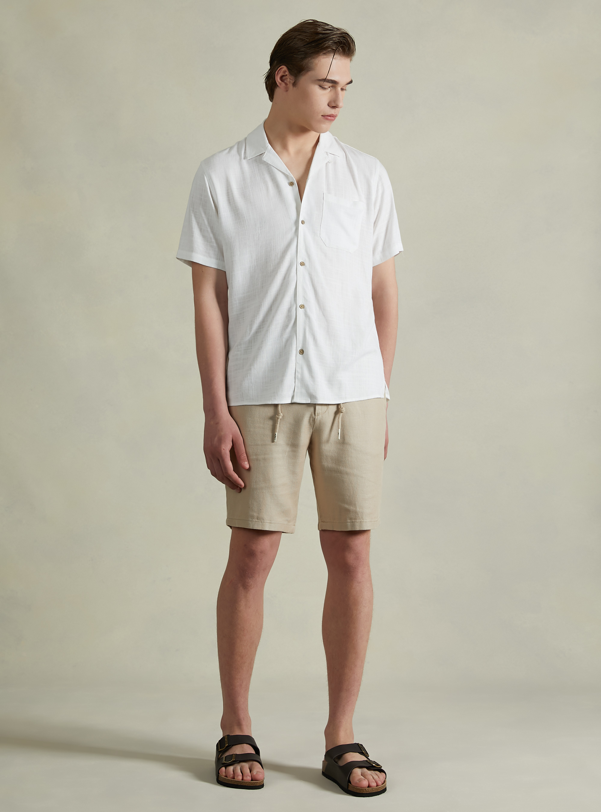 Linen blend shirt with bowling collar, WH1 OFF WHITE