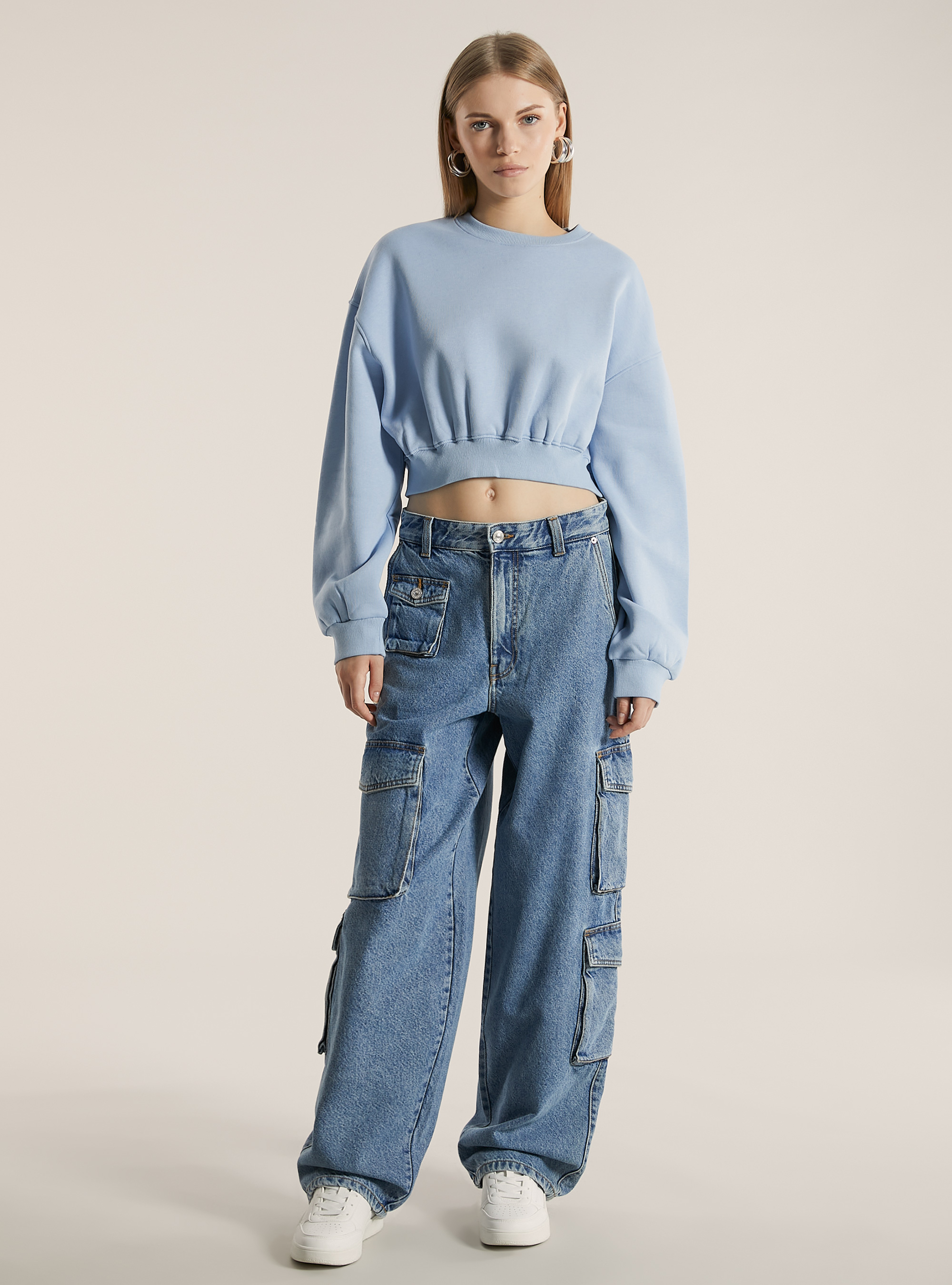 Cotton crop crew-neck sweatshirt, AZ3 AZURE LIGHT