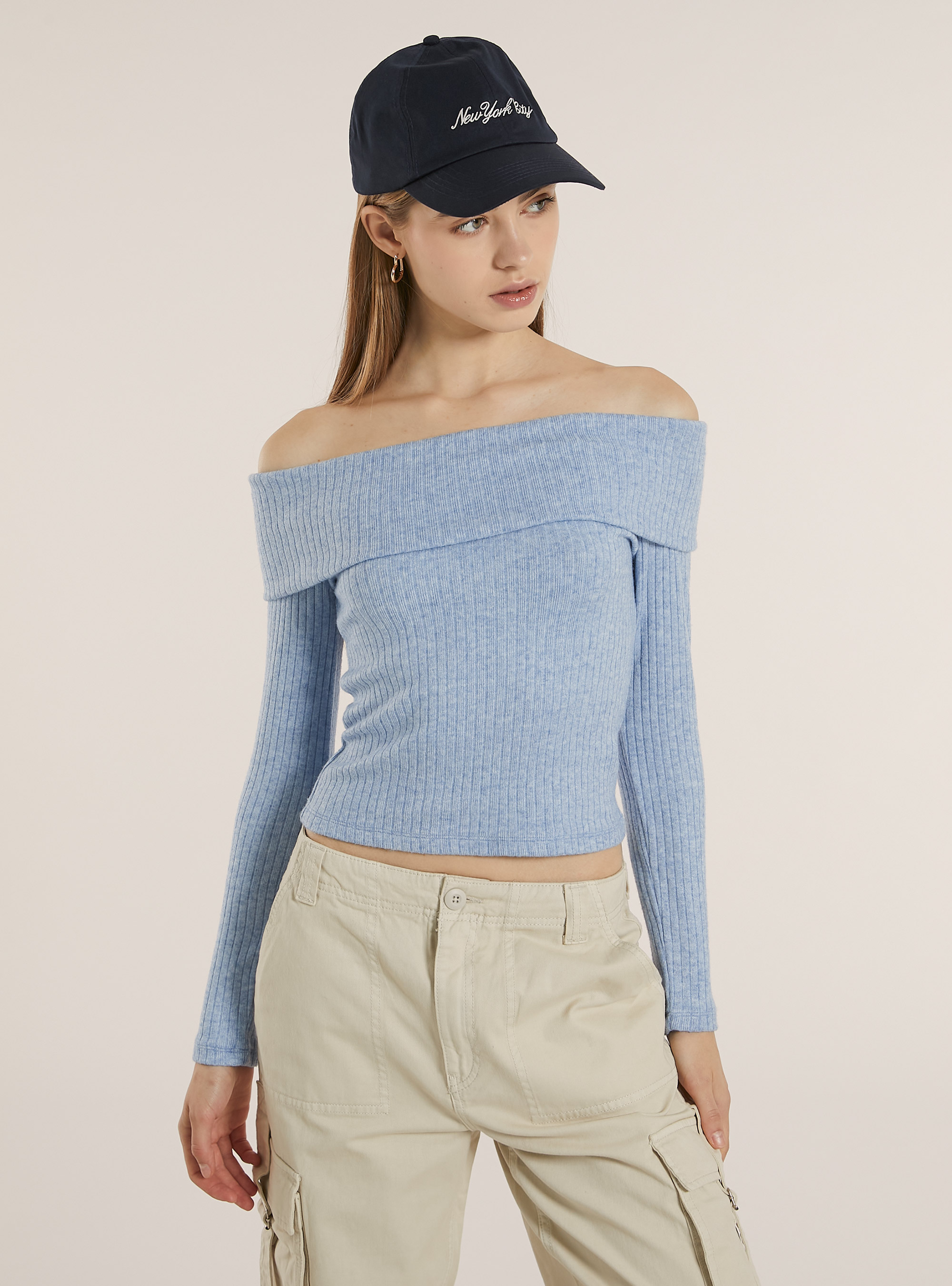 Pullover with ribbed bardot neckline, MAZ2 AZURE MEL MEDIUM