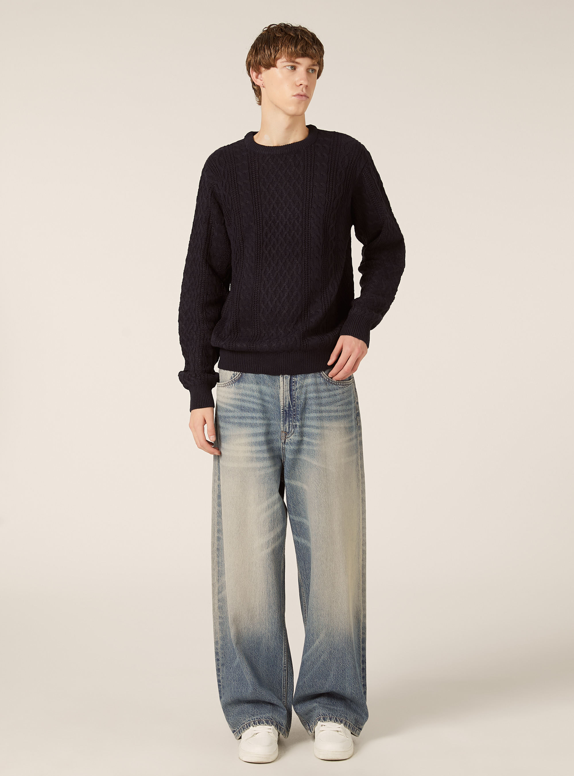 Crew-neck pullover with braids, BLUE NAVY