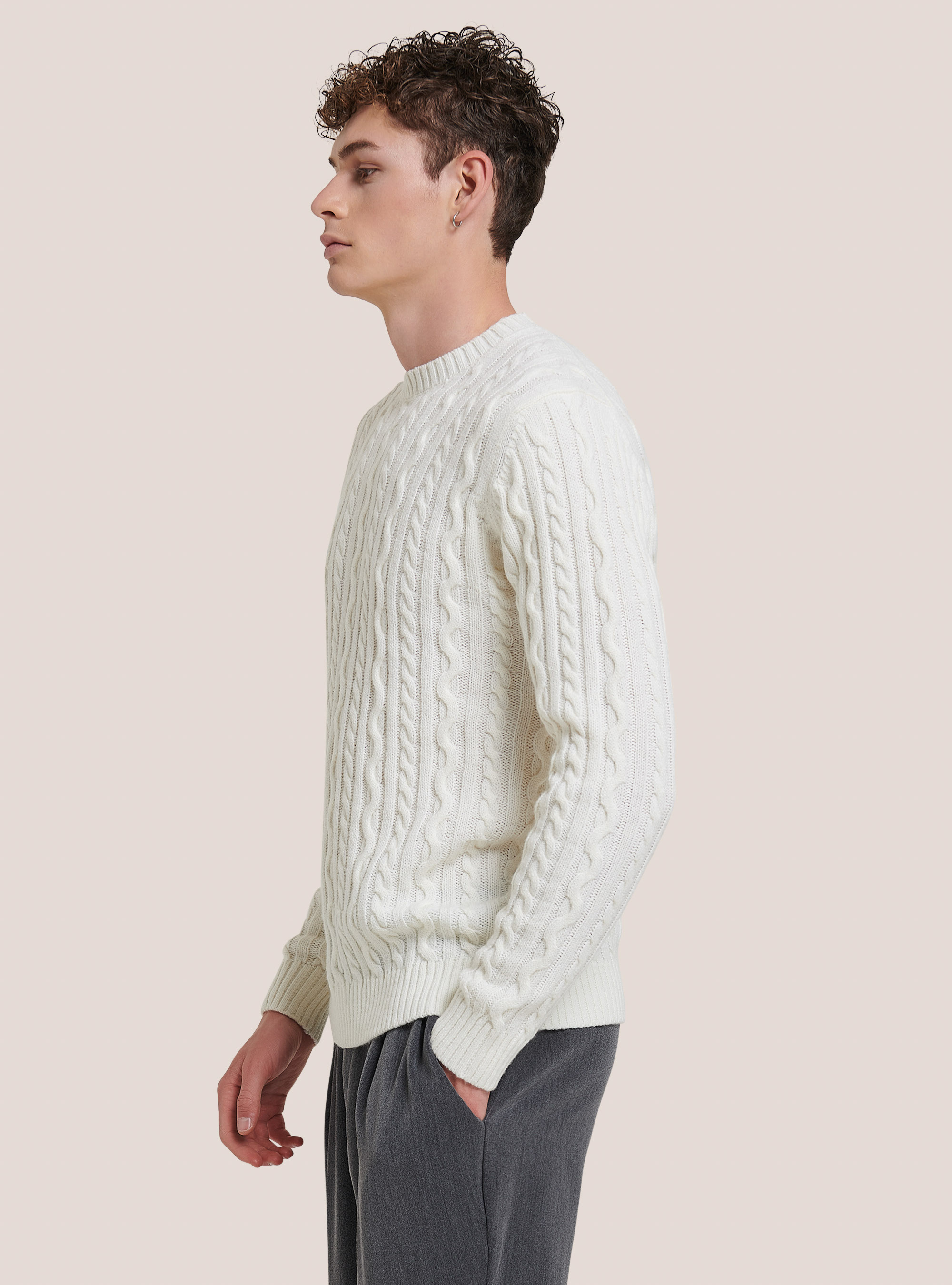 Crew-neck pullover with braids, WHITE