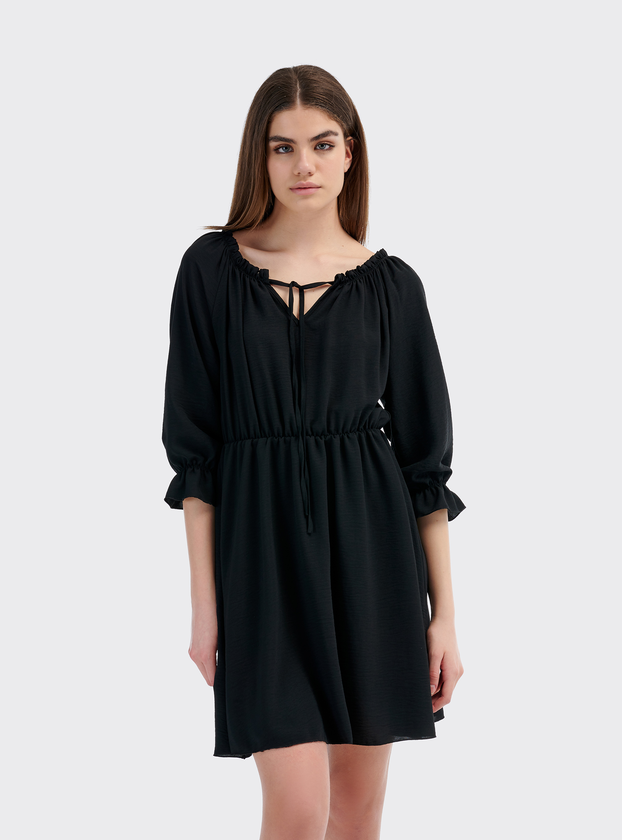 Robe col bardot avec ceinture élastique, C101 BLACK