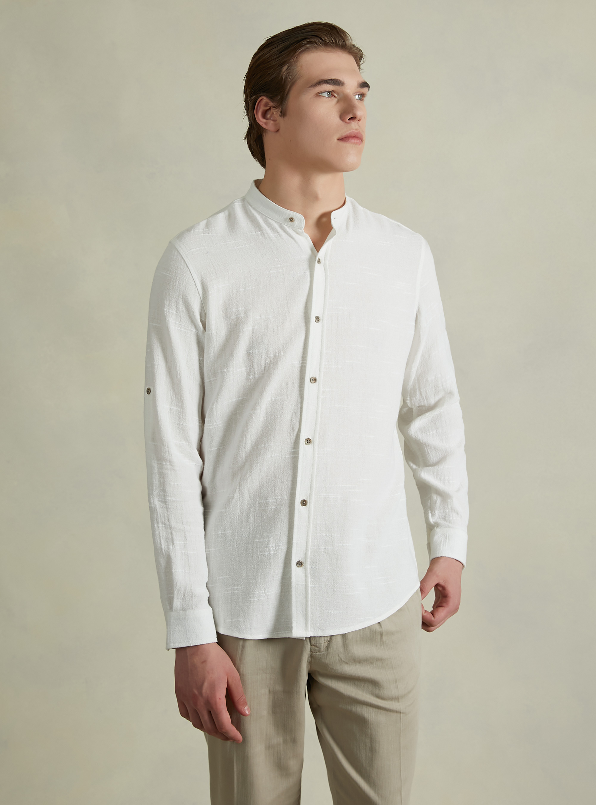 Linen blend shirt with Korean collar, WH1 OFF WHITE