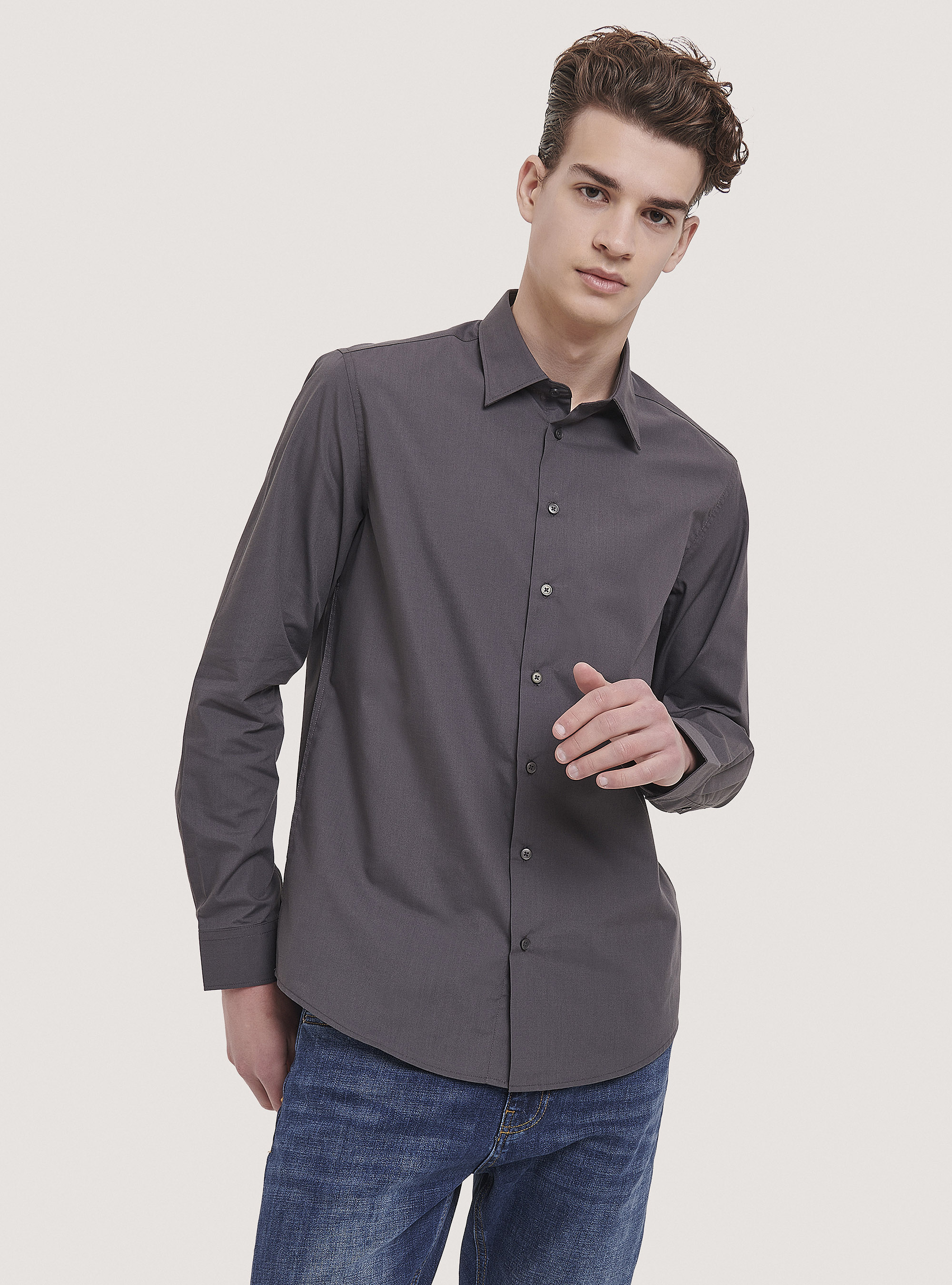 Camicia a manica lunga in tinta unita, C161 GREY