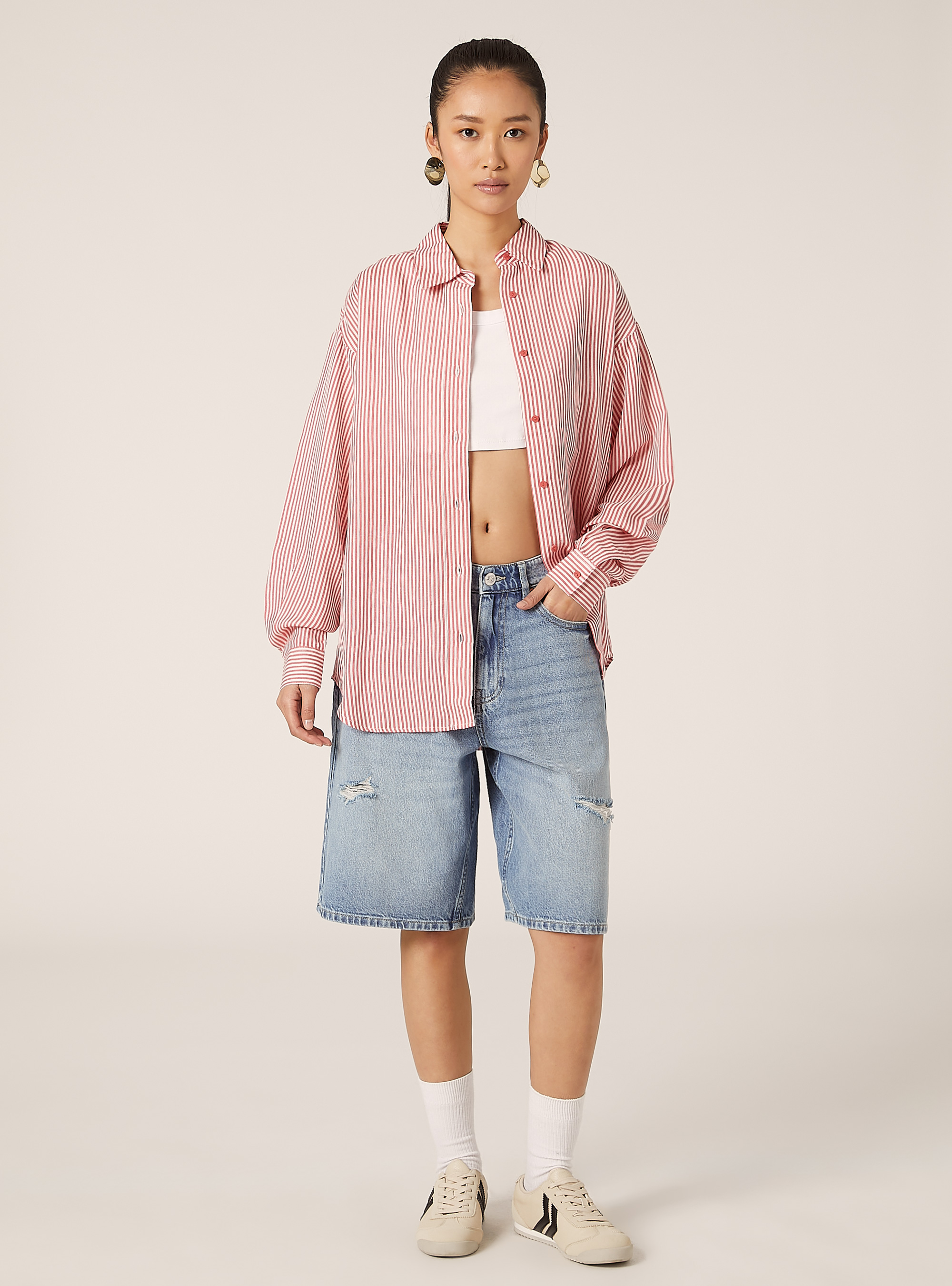 Linen blend striped shirt, RD2 RED MEDIUM