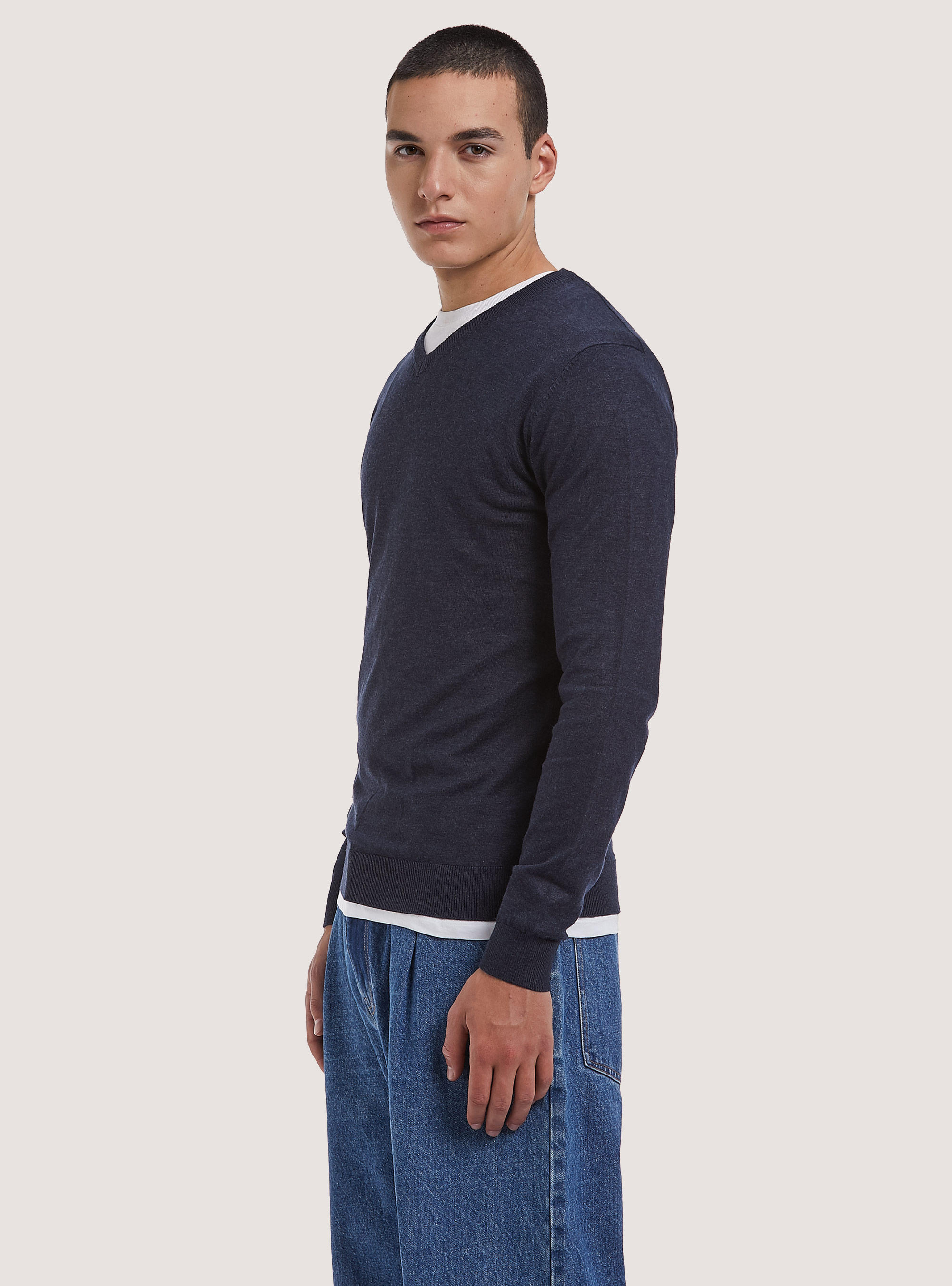 Pullover scollo a "v" tinta unita, BLUE MELANGE