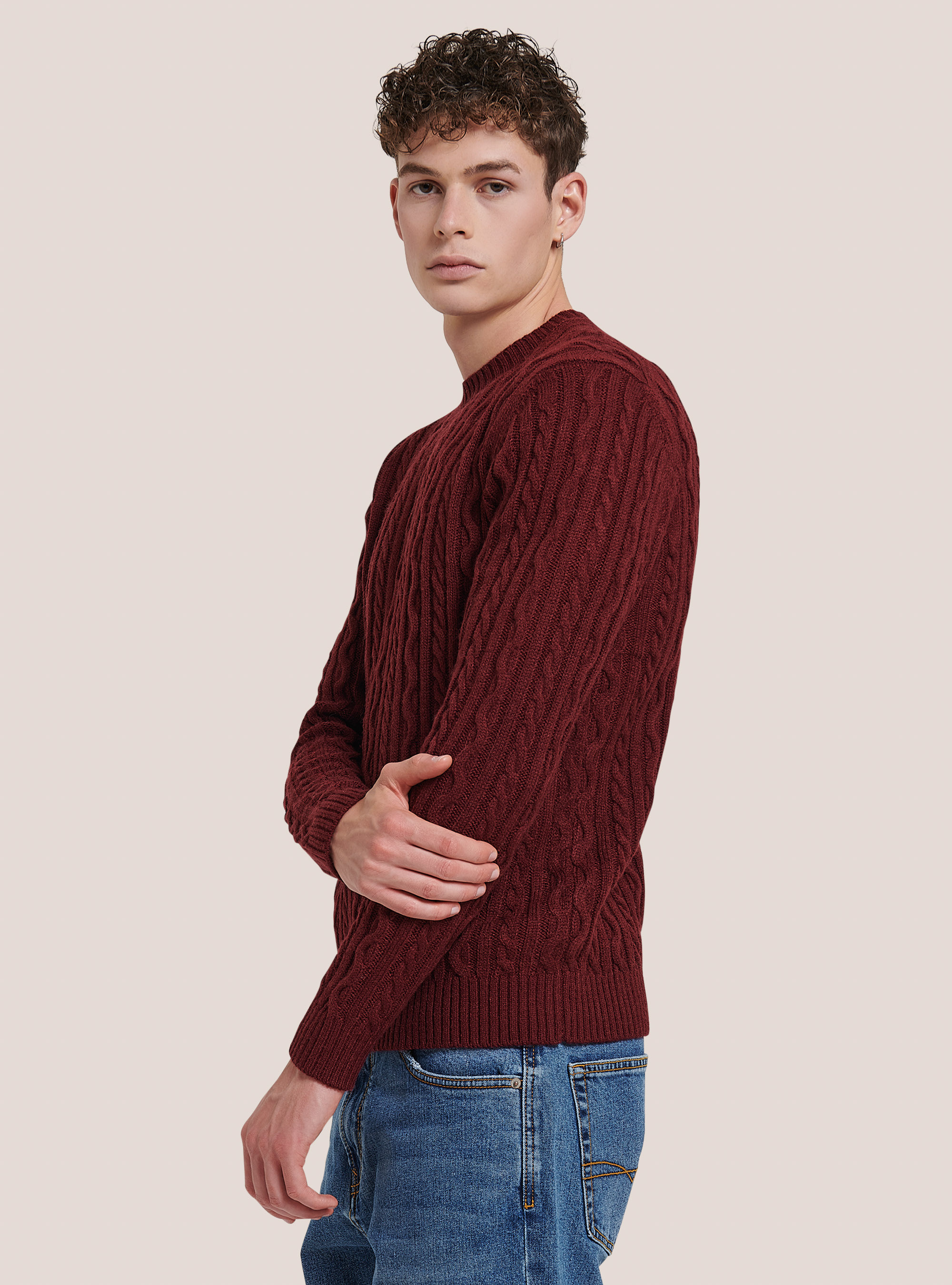 Crew-neck pullover with braids, C3307 WINE