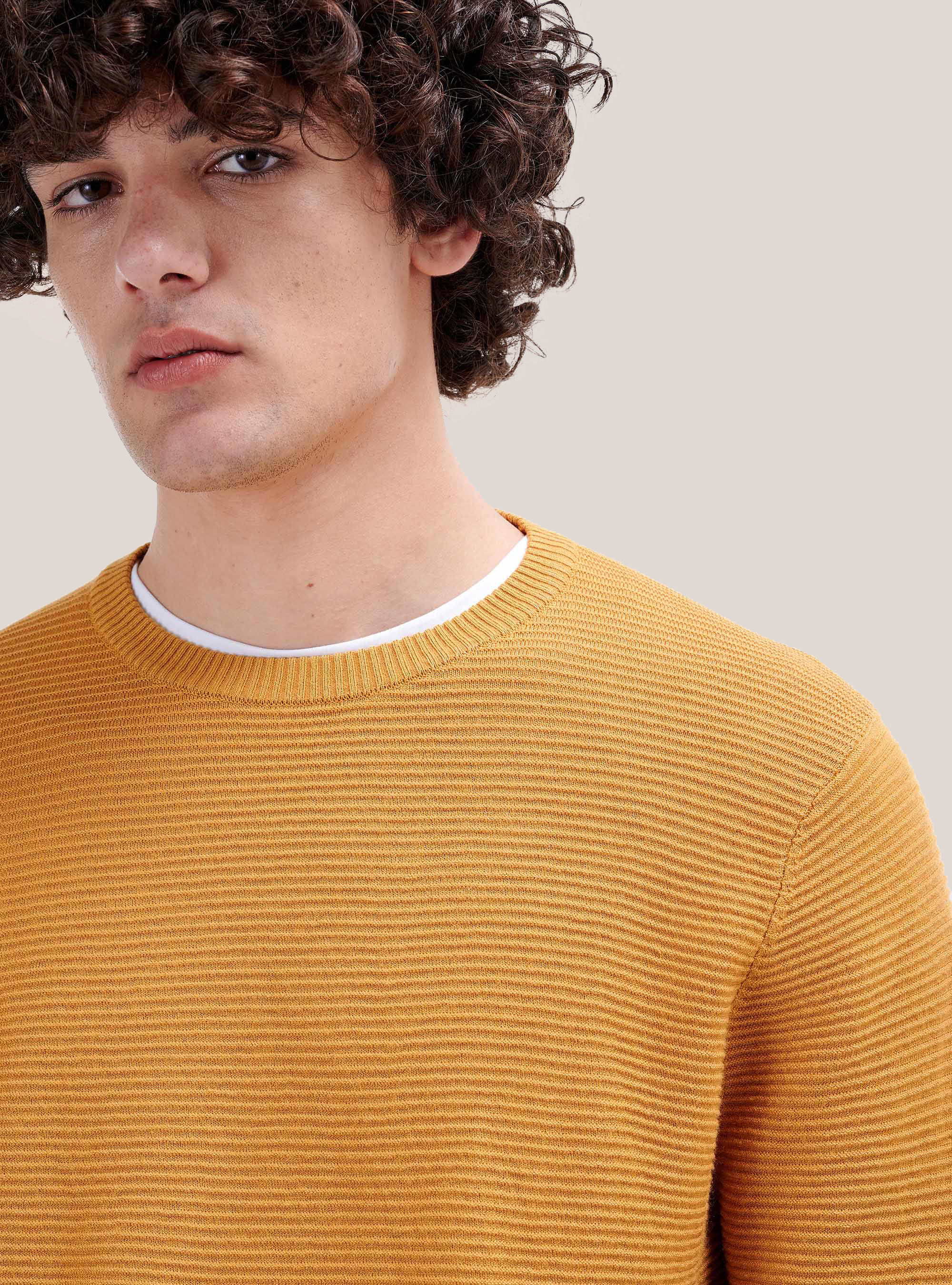 Pullover girocollo in maglia strutturata, C7708 LIGHT SENAPE
