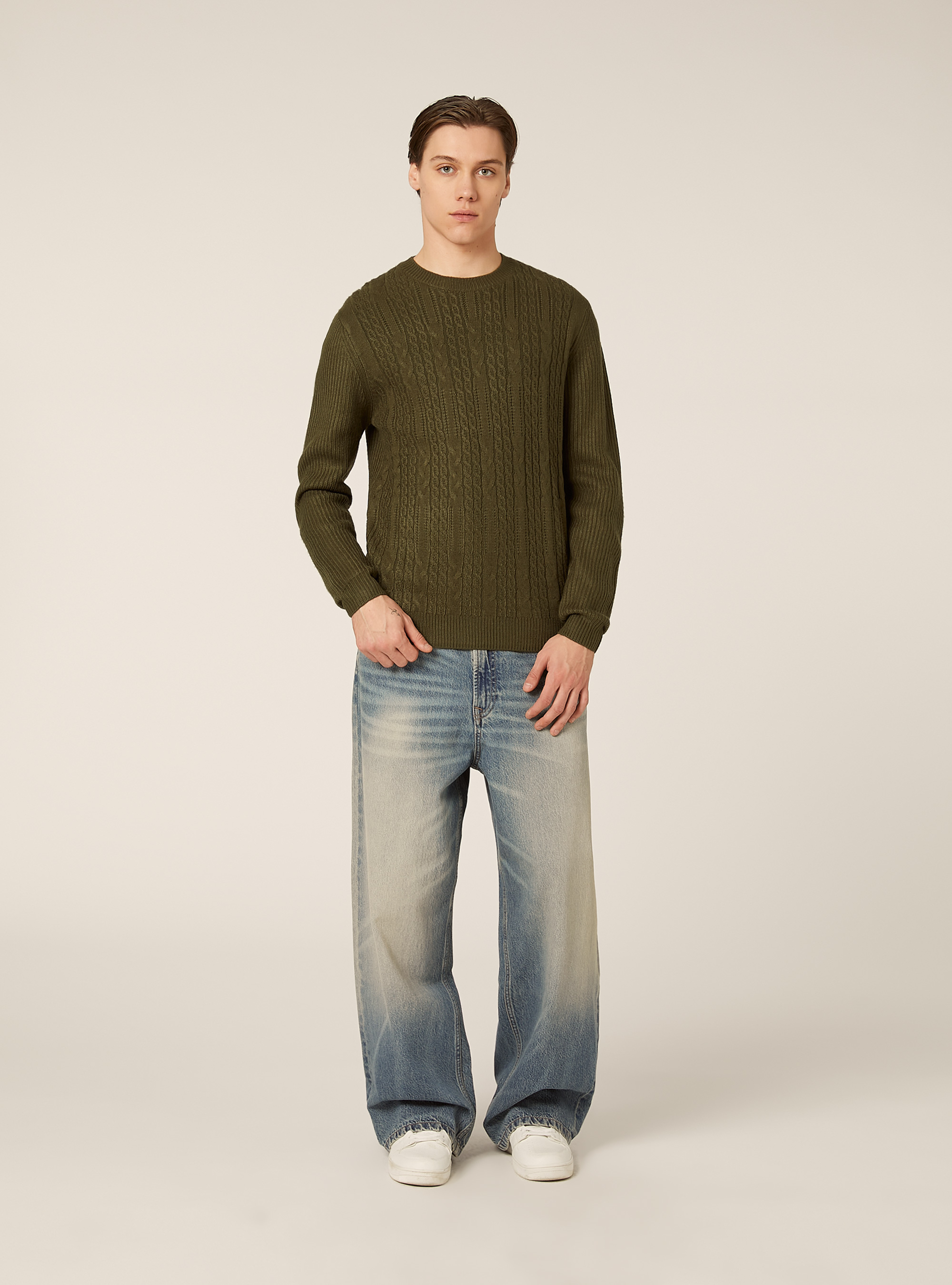 Maglione girocollo trecce, GN2 GREEN MEDIUM
