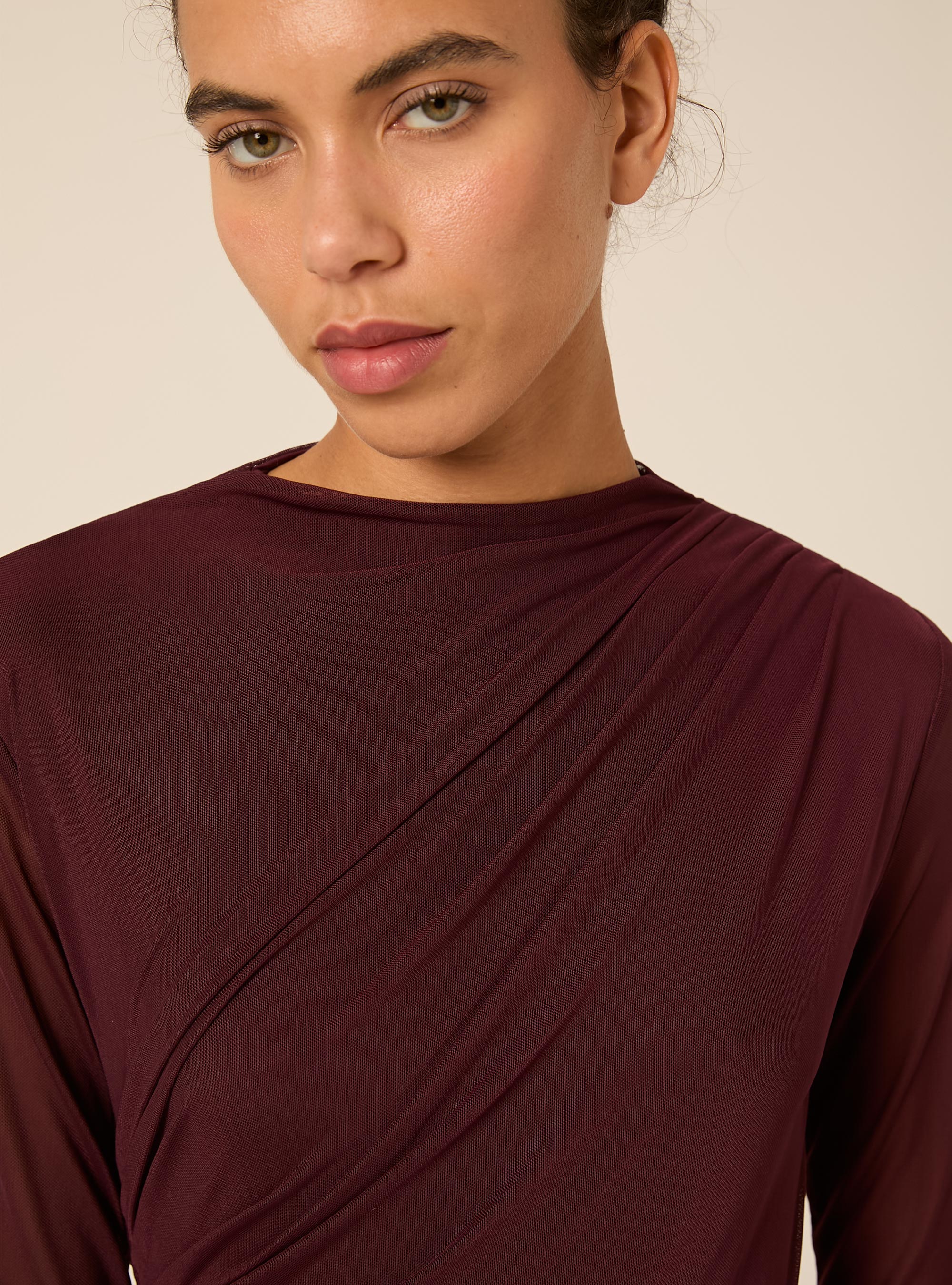 Body in tulle con arriccio, BO1 BORDEAUX DARK